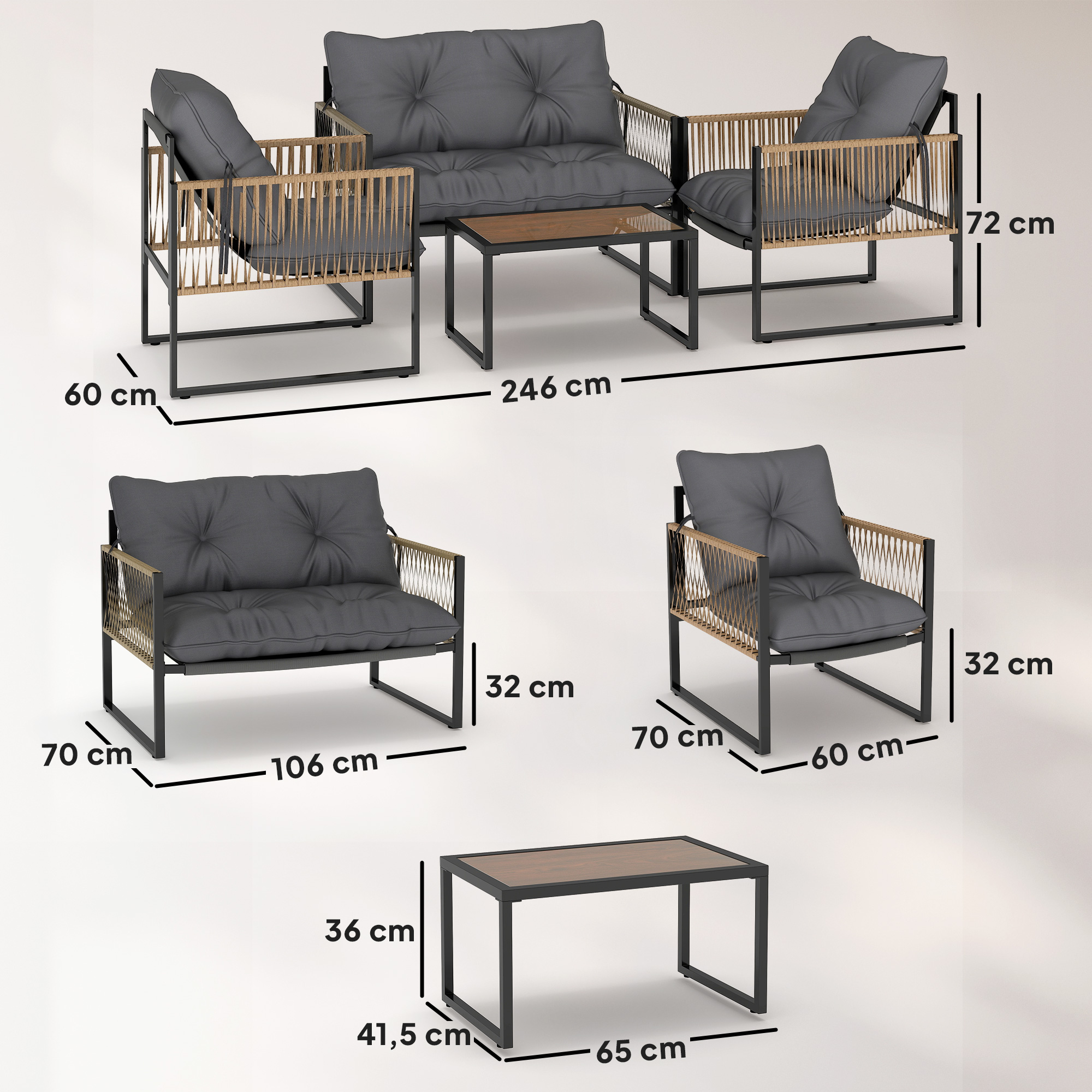 Gartenmöbel-Set, 4-teilig, Sofa, 2 Stühle, Tisch mit Glasplatte, Metallgestell, Polyrattan, Anthrazit
