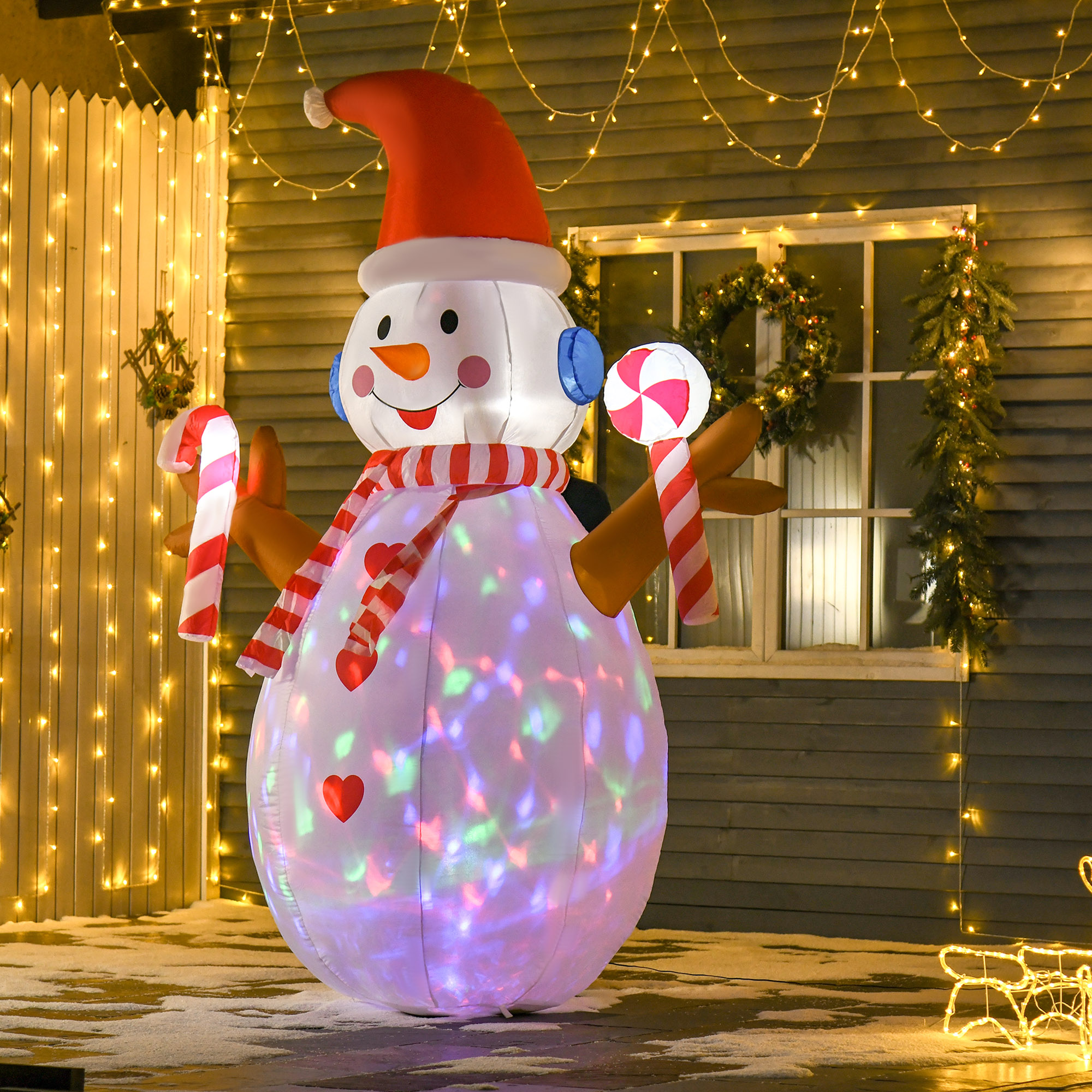 2,4 m aufblasbarer Schneemann mit rotierender Beleuchtung Weihnachtsdeko  für den Innen- und Außenbereich Garten Rasendekoration Party Weiß+Rot 180 x 100 x 240 cm