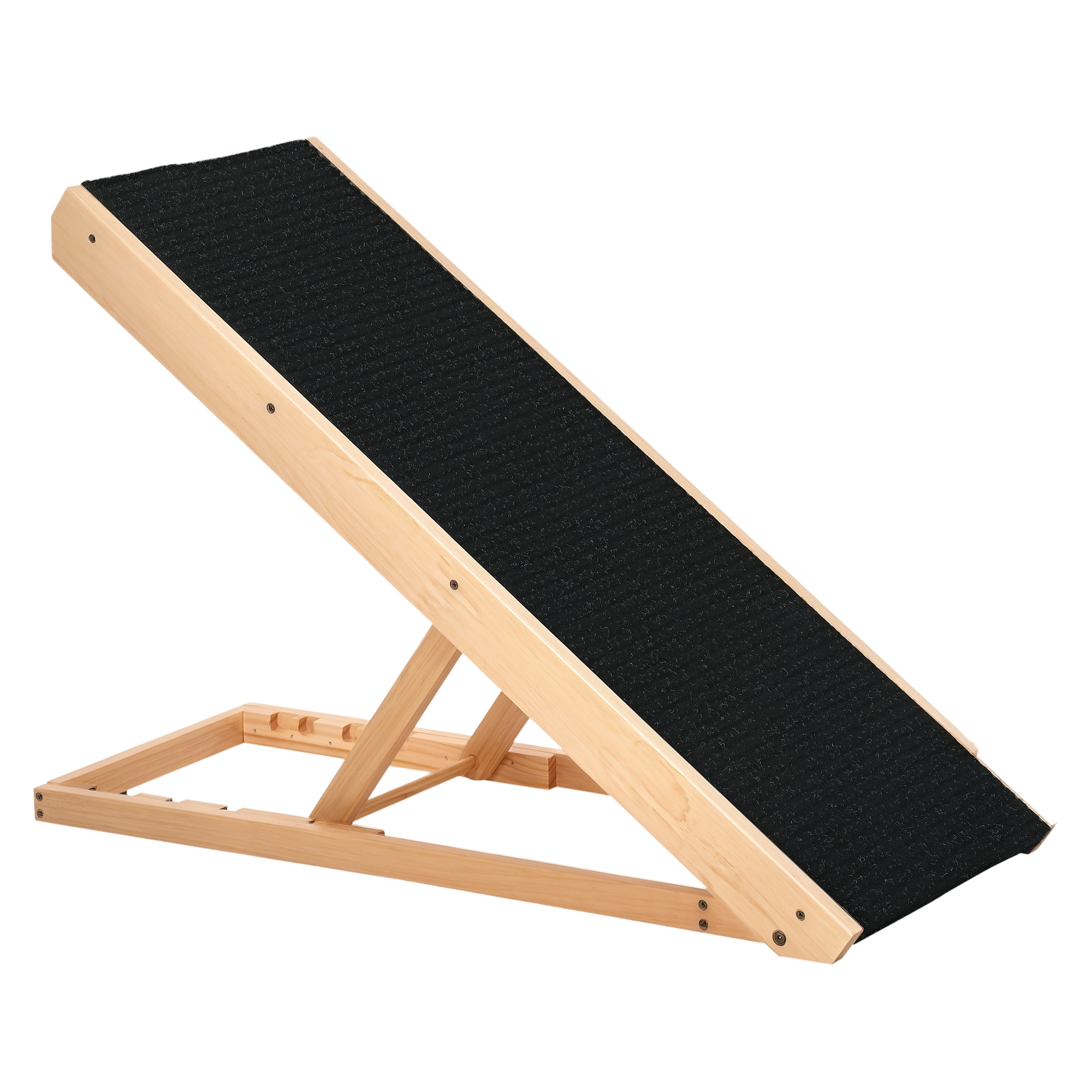 Haustierrampe mit rutschfestem Teppich verstellbarer Haustierleiter Hunderampe für großen Hund Kiefernholz Polyester Schwarz+Naturholz 90B x 40T x 61H cm