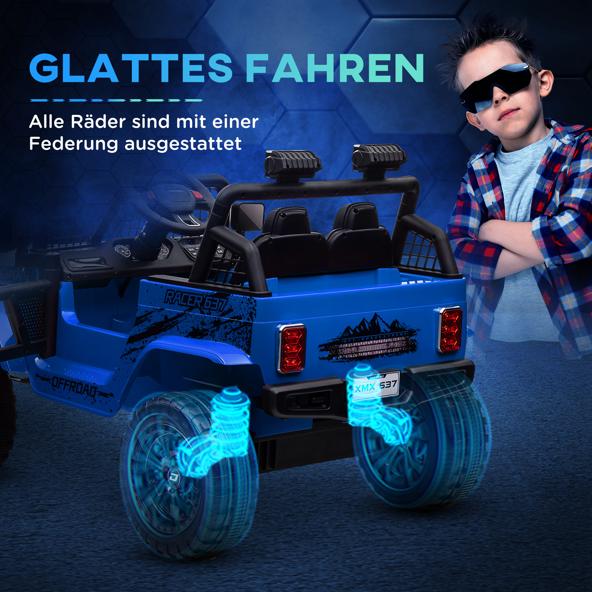 Kinder-Elektroauto mit sanfter Federung, fernsteuerbar, LED-Lichter, Hupe, 12V-Motoren, aus Kunststoff und Metall, Blau