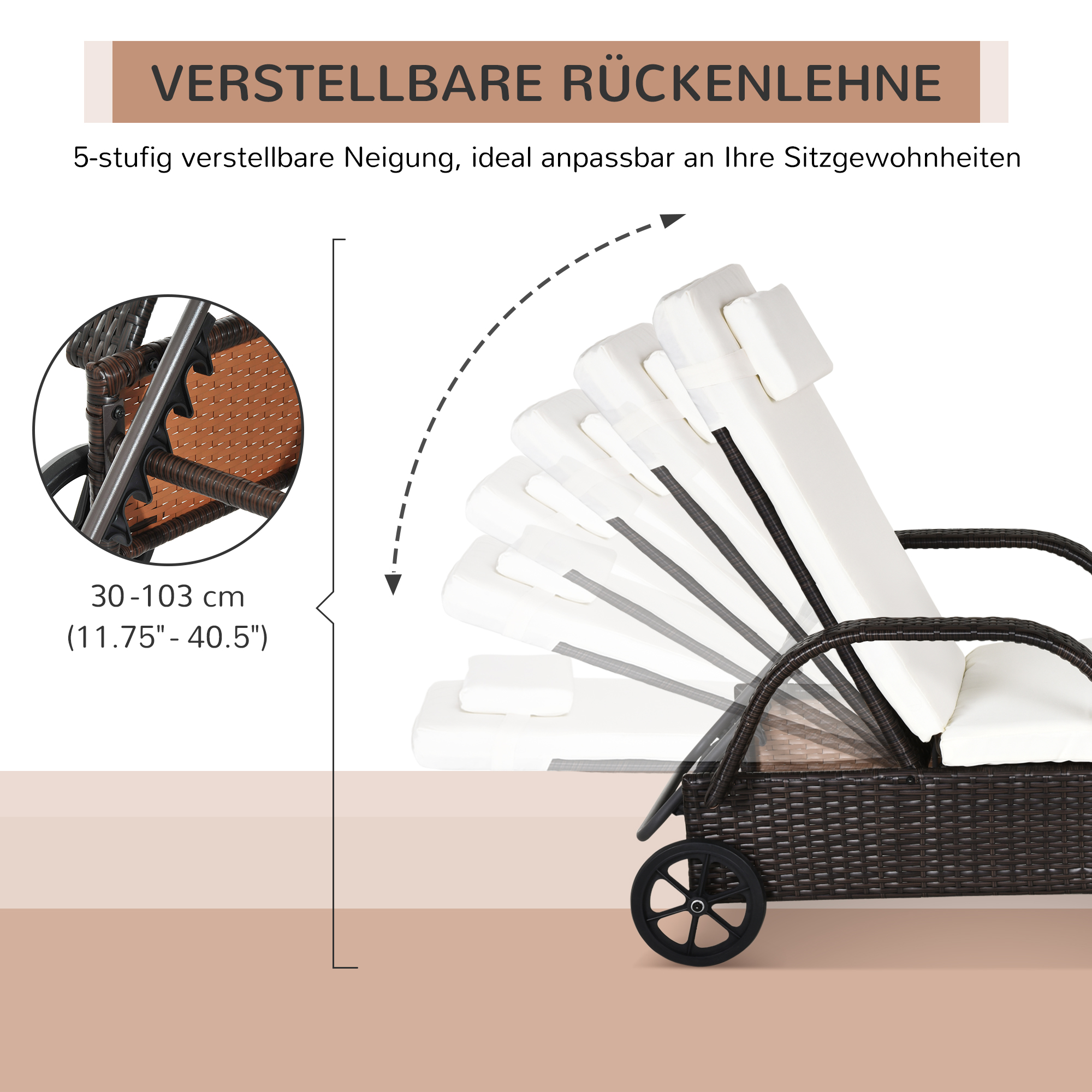 Sonnenliege Polyrattan Gartenliege mit 5-Fach verstellbarer Rücklehne, Polsterauflage, Rollen, Kissen, 160 kg belastbar Relaxliege Liegestuhl für Garten, 200x73x30-103cm, Kaffeebraun