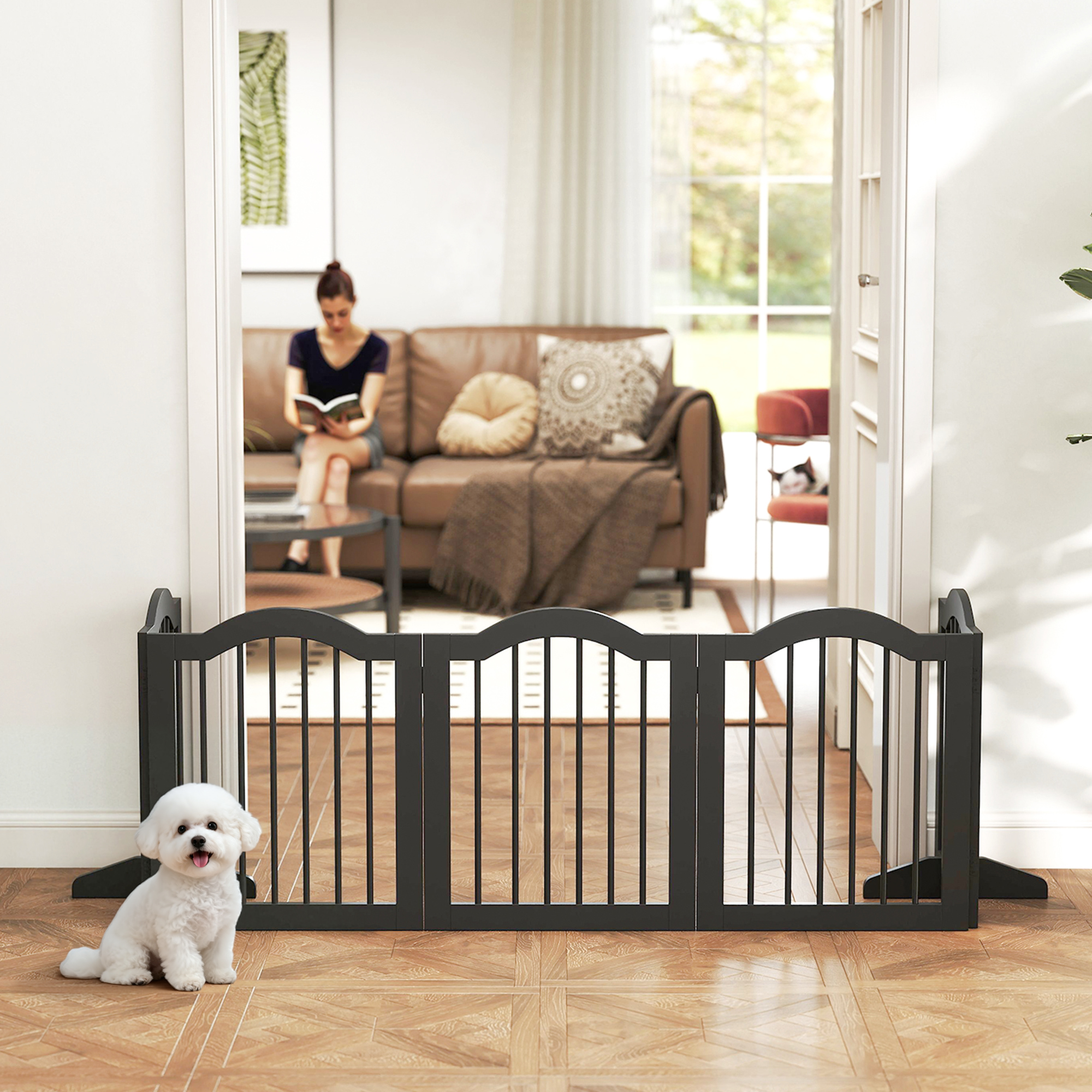 Absperrgitter Hund Freistehendes Schutzgitter mit Füßen, Klappbar Hundegitter, 5 Paneelen, 261,5 x 29,5 x 61 cm, Schwarz