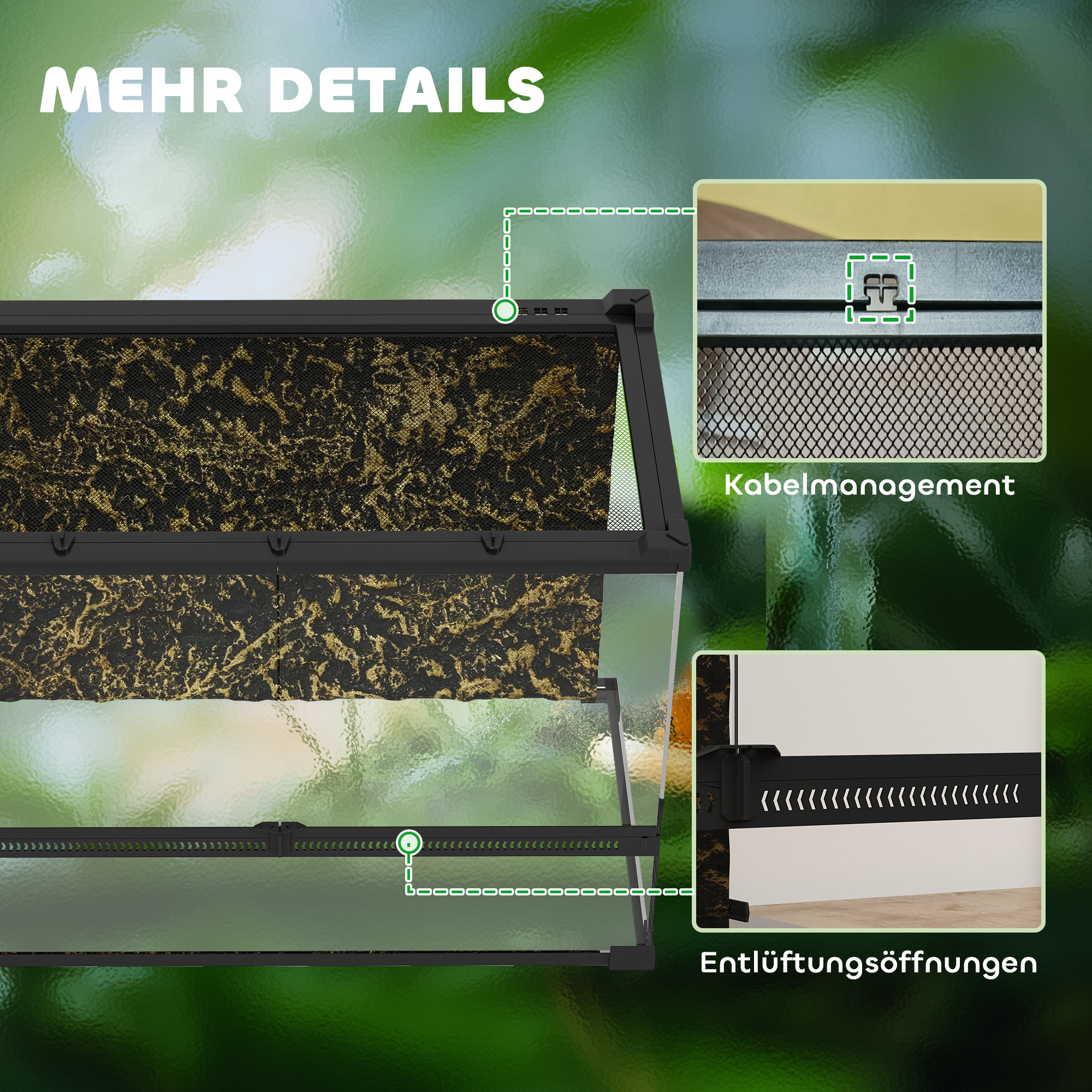 Terrarium für Reptilien Glasterrarium 48L mit Frontbelüftung Steinrückwand Drehverschluss 50 x 30 x 35 cm Schwarz