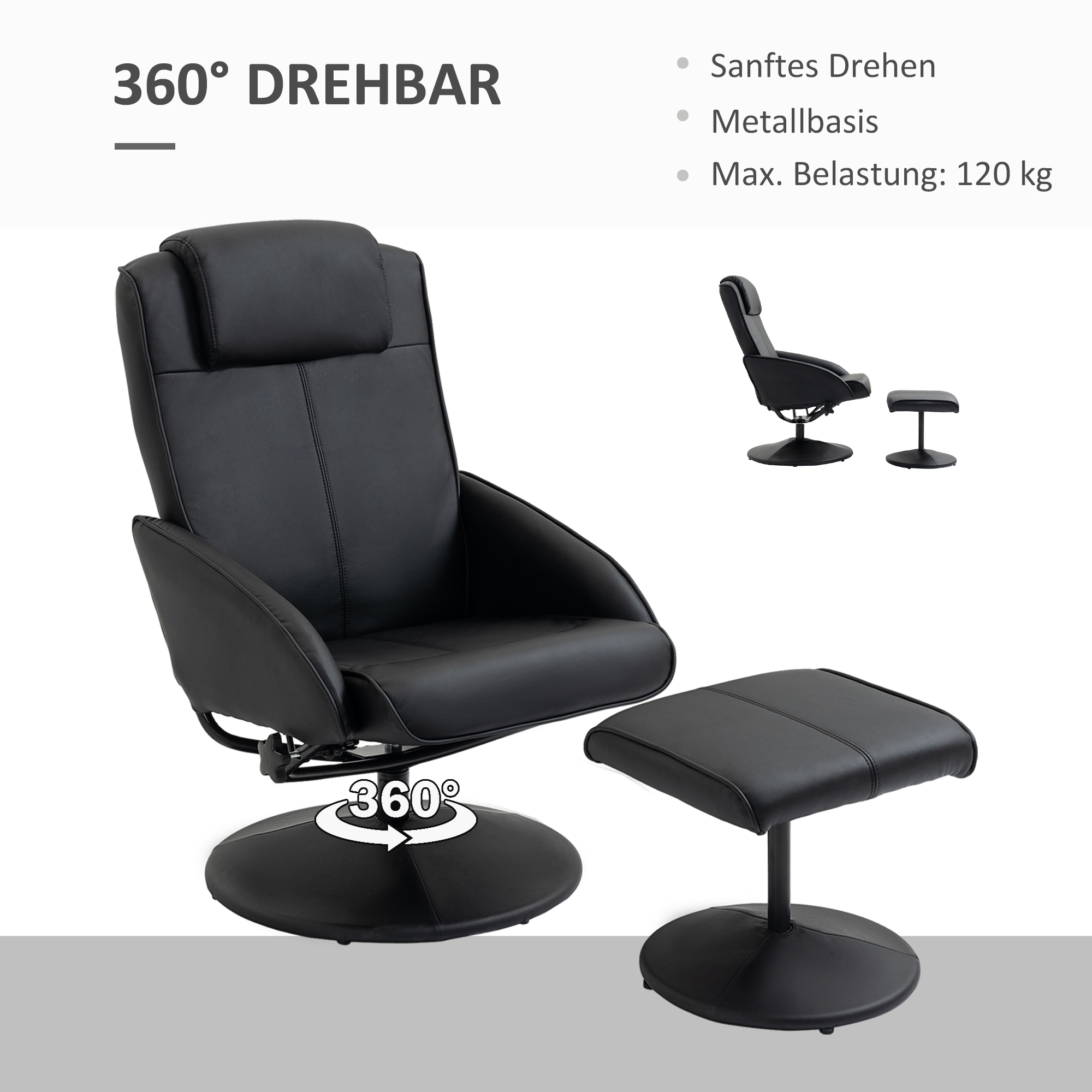 Relaxsessel mit Fußhocker, Kunstleder-Bezug, neigbar, ergonomisches Design, Schwarz