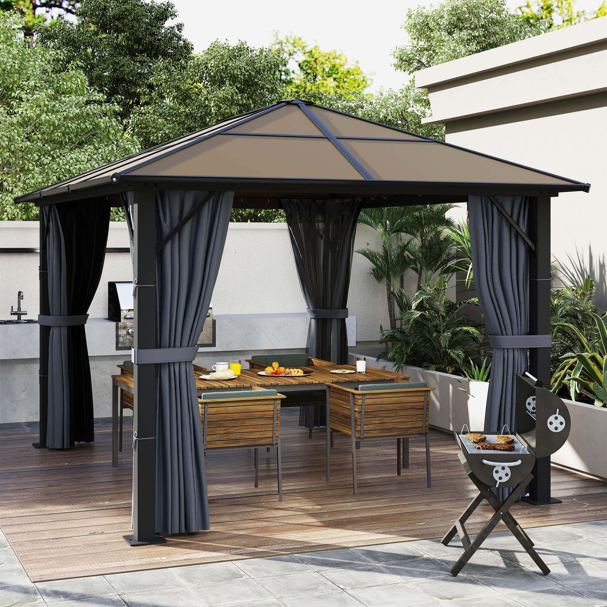 Pavillon mit Polycarbonatdach, Vorhänge mit Fliegennetz, Alugestell, dunkelgrau, 3 x 3 m