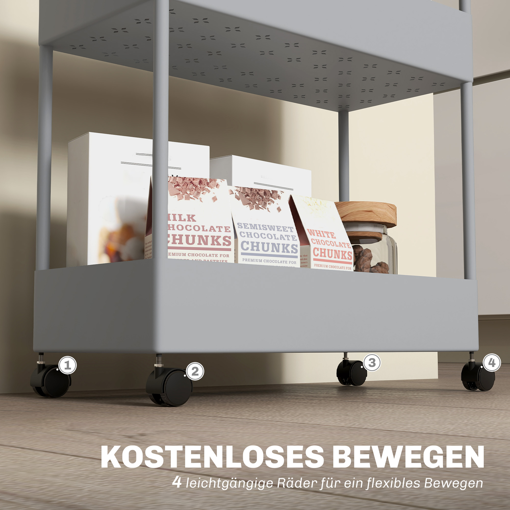 Küchenwagen mit 4 Regalen, 4 flexiblen Haken, 4 Rollen, 40 cm x 19 cm x 90 cm, Nischenwagen, Grau