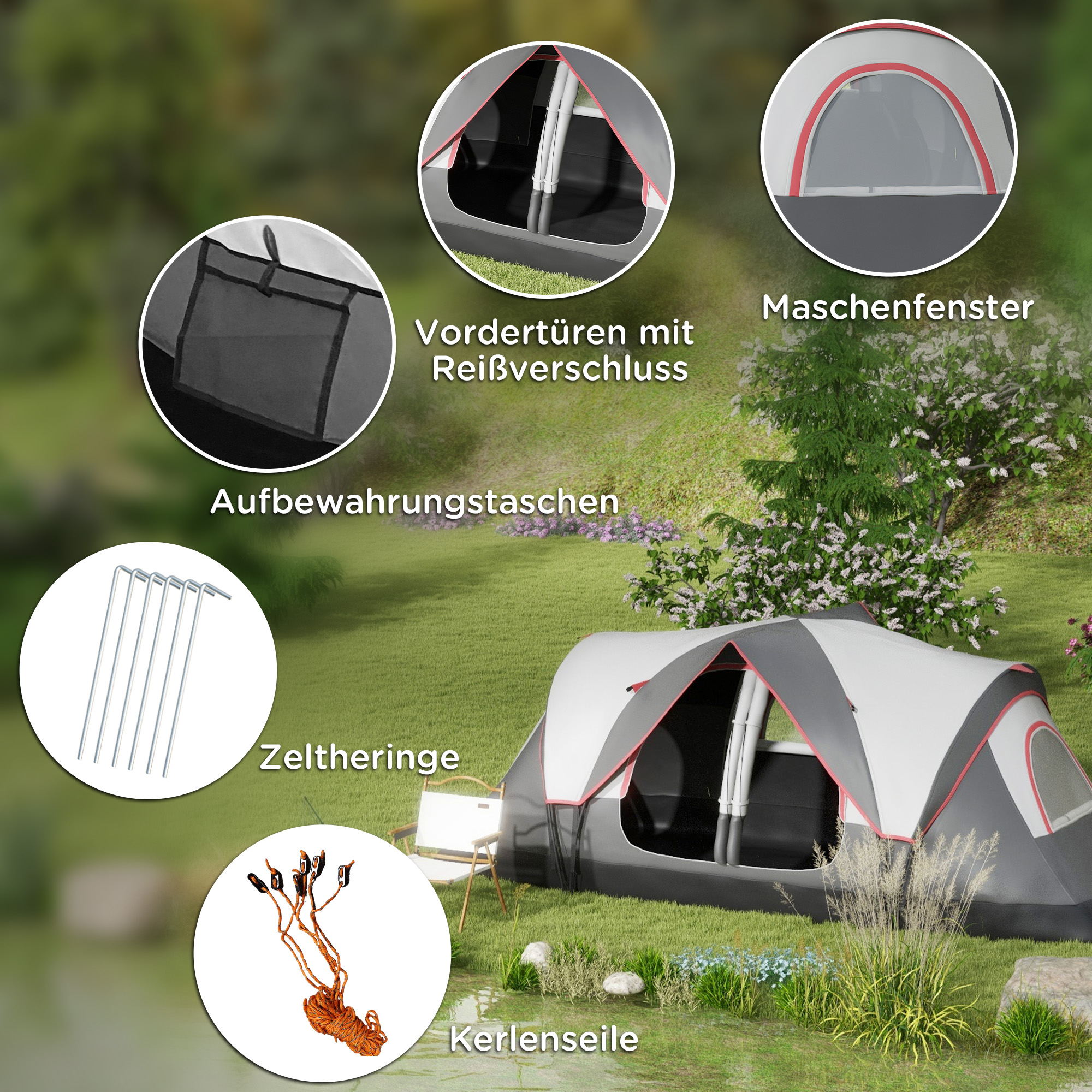 Campingzelt, 2 Räume, Trennwand, für 6-8 Personen, Regenschutz, Grau