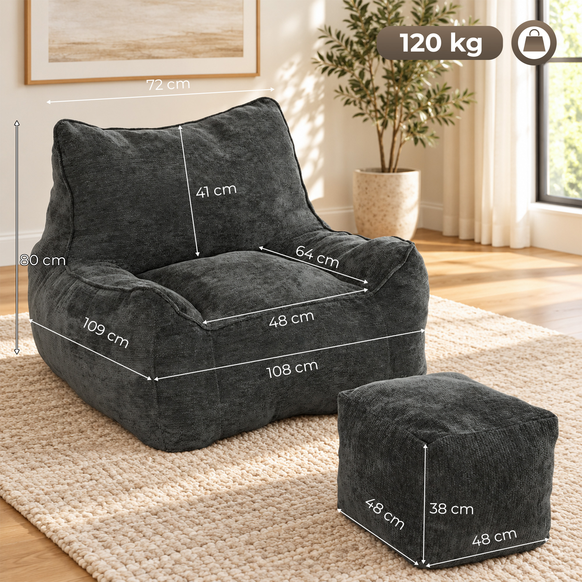 Bodensessel mit Ottoman, rahmenloser Cloud-Sessel aus Chenille, mit Rückenlehne und Armlehnen