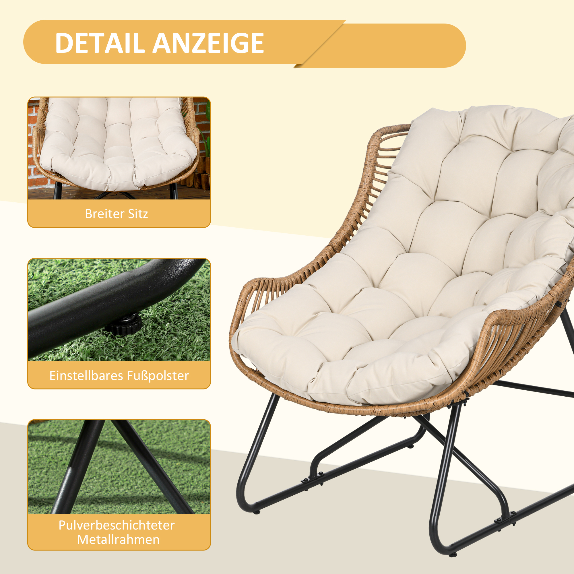 Garten Lounge, Rattanoptik, Outdoor Sessel, mit Auflage, Metallrahmen, 75x101x90 cm, Natur/Khaki/Schwarz