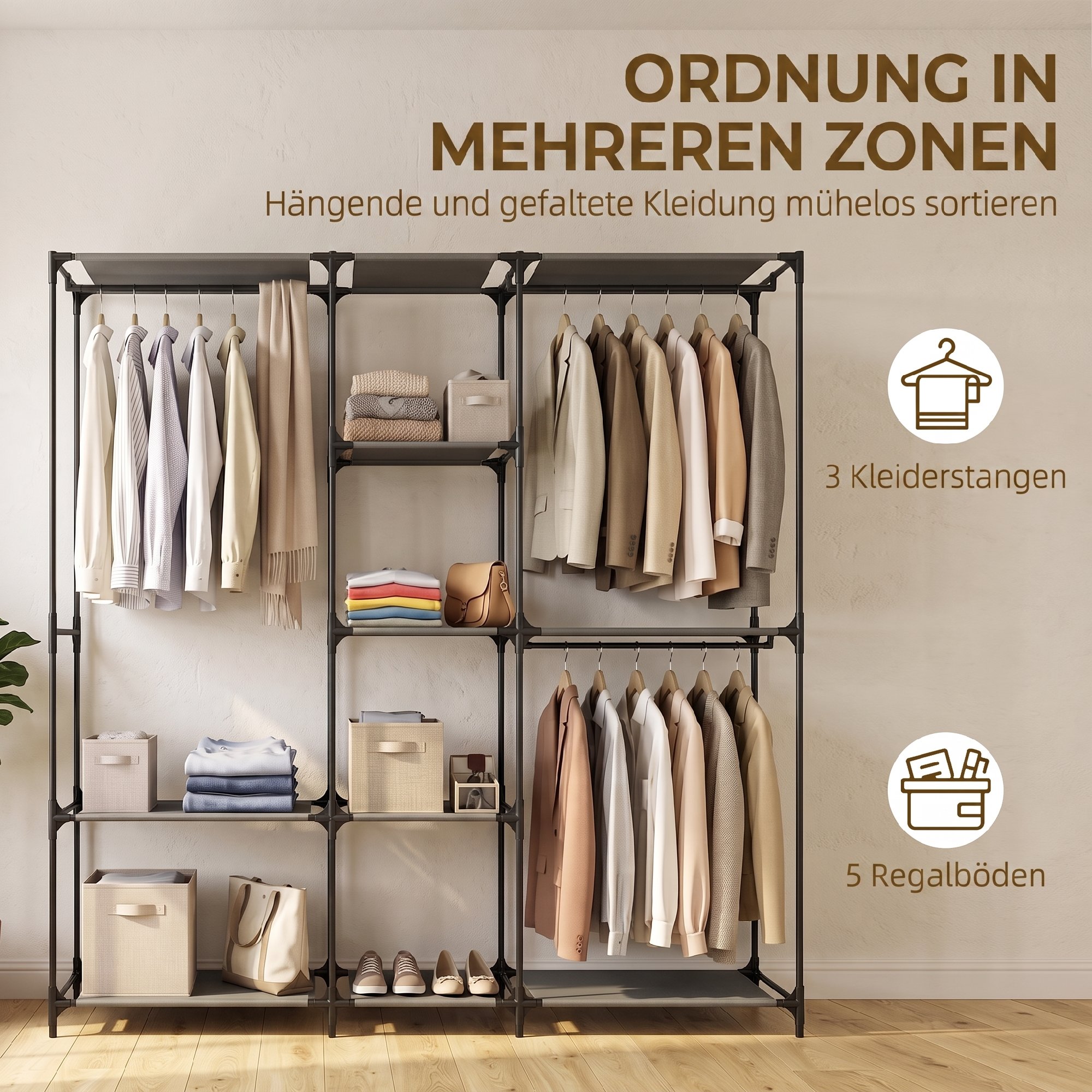 Textil-Kleiderschrank, tragbar, werkzeuglos, mit 3 Kleiderstangen und 5 Ablagen, 182 x 43 x 182 cm, Schwarz
