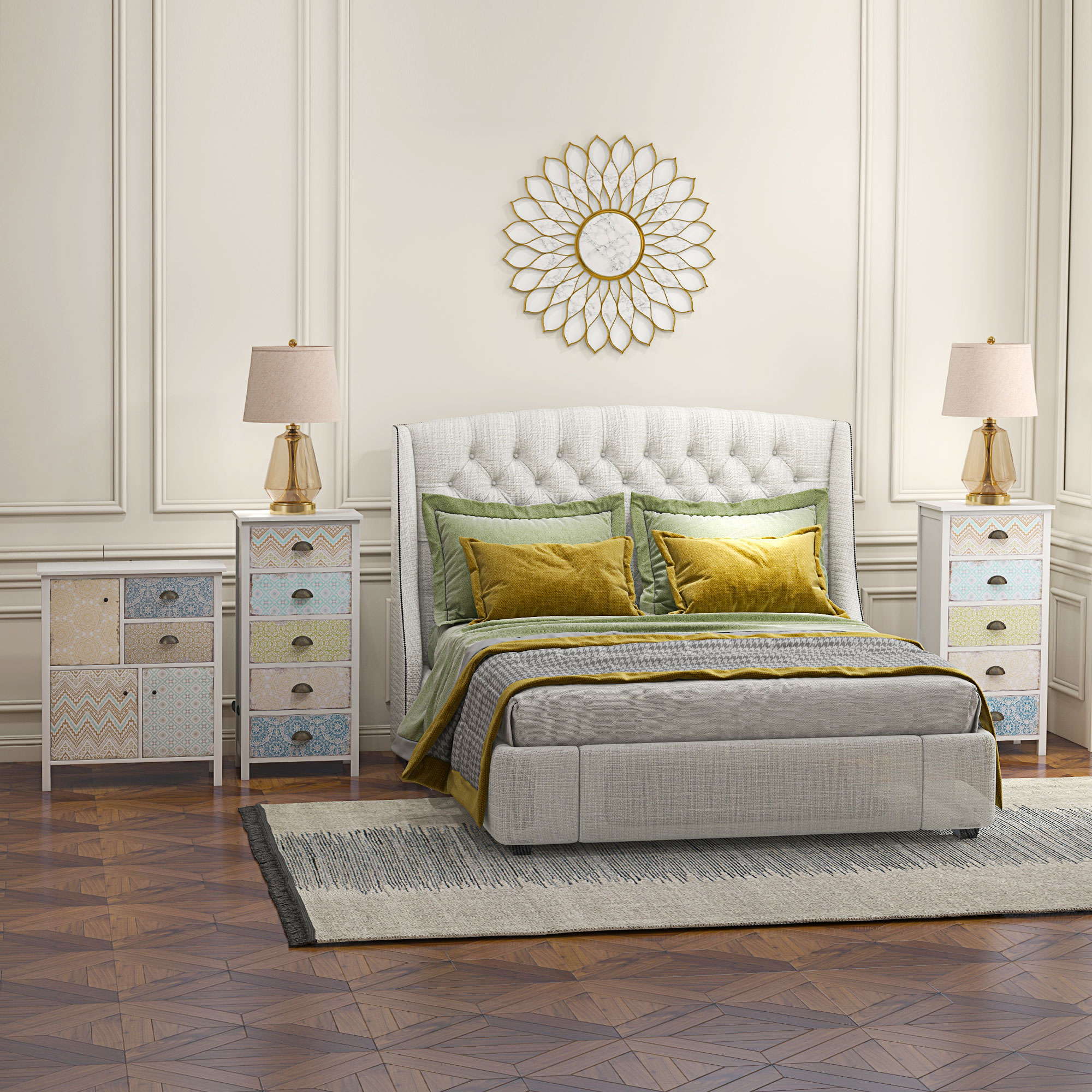 Sideboard, Shabby Chic Kommode, 2 Schubladen, 3 Schrankfächer, Kiefernholz, 68x34x80cm, Weiß