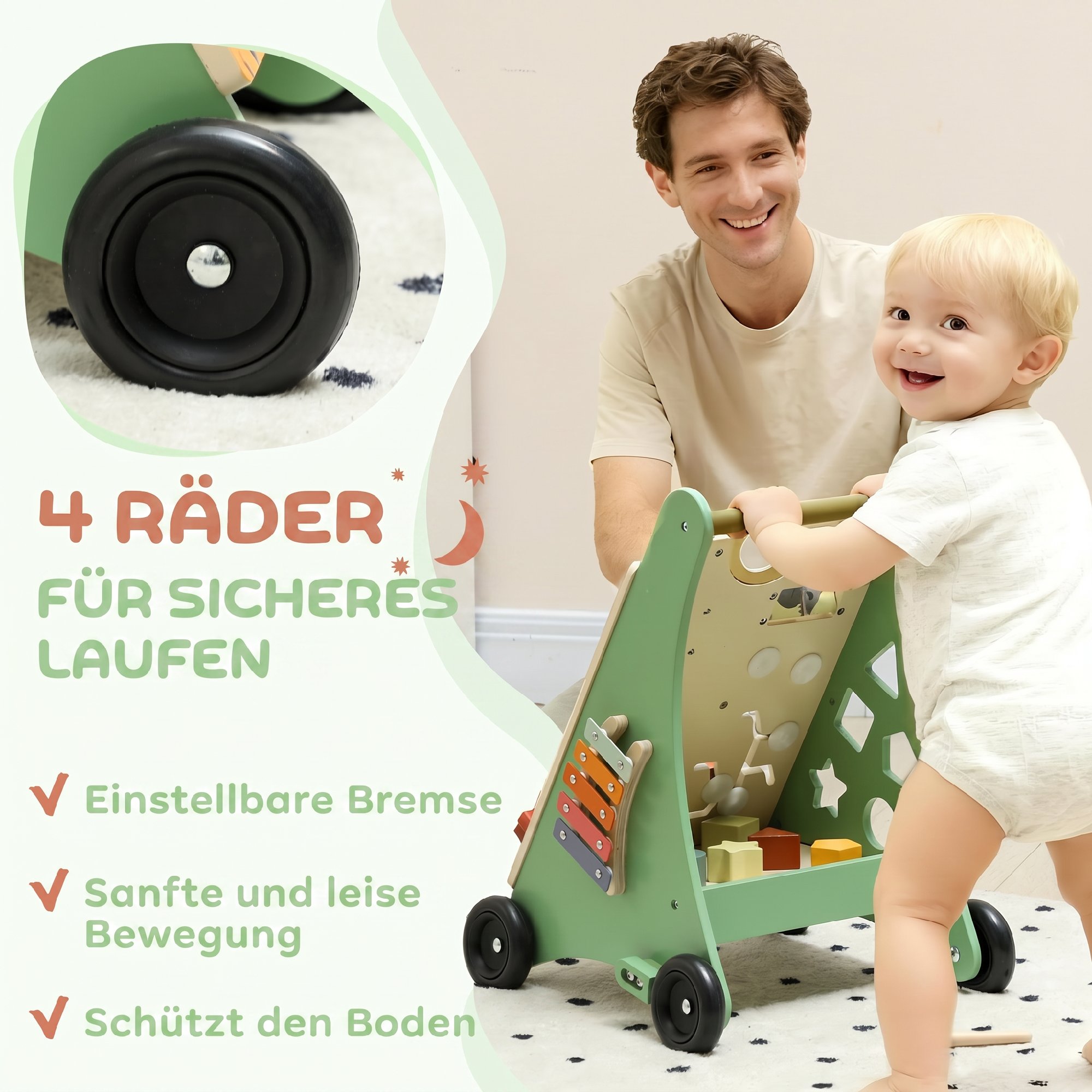 Lauflernwagen Holz Montessori Lauflernhilfe mit Geschwindigkeitskontrolle, Xylophon, Zahnrädern und Perlenlabyrinth Grün