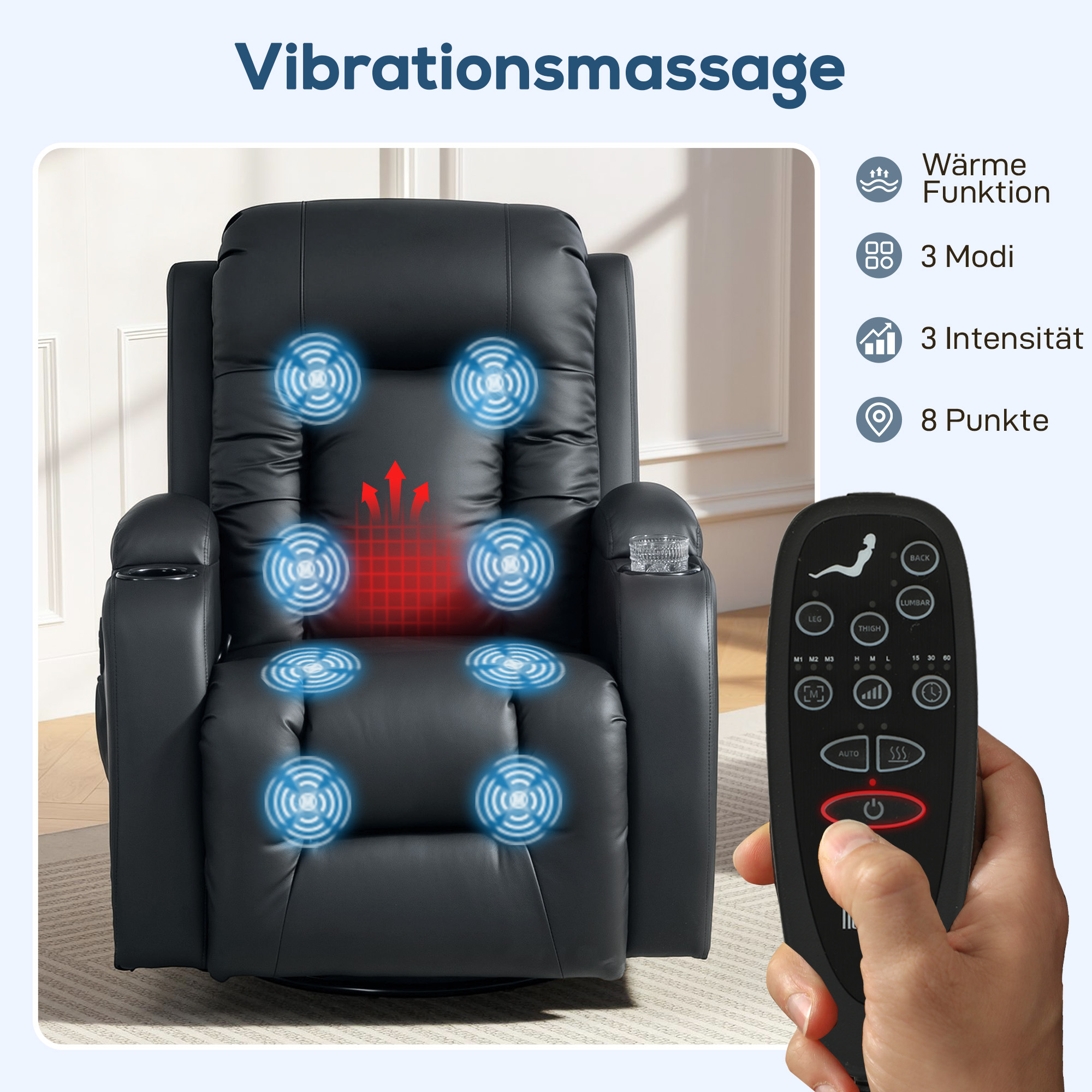 Massagesessel mit Wipp-, Liege- & Wärmefunktion, 3 Modi, drehbar, Schwarz