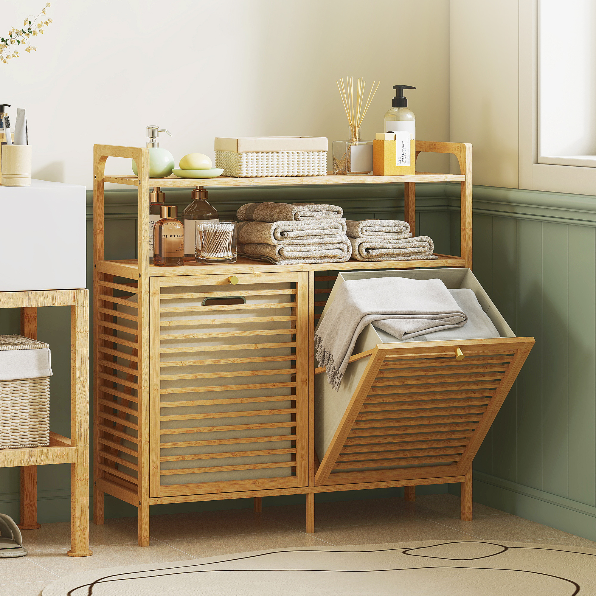 Wäscheregal mit 2 Wäschekörben, freistehendes Bambusregal für Badezimmer, Waschküche, Naturholz+Cremeweiß