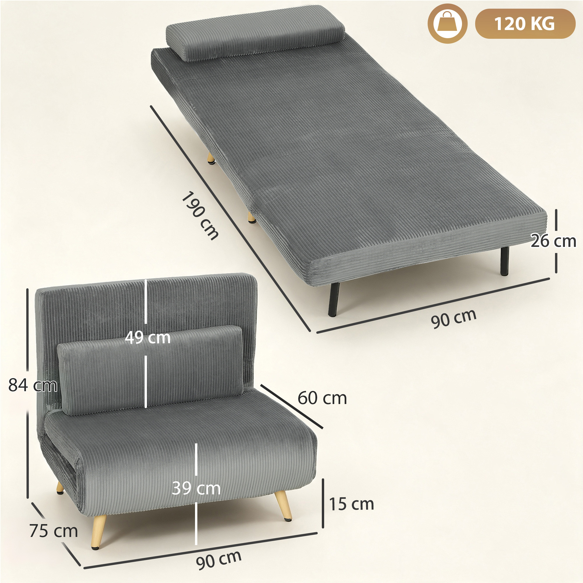 Schlafsessel 3-in-1, ausklappbarer Sessel aus Cord mit Schlaffunktion verstellbare Rückenlehne, Kissen Dunkelgrau