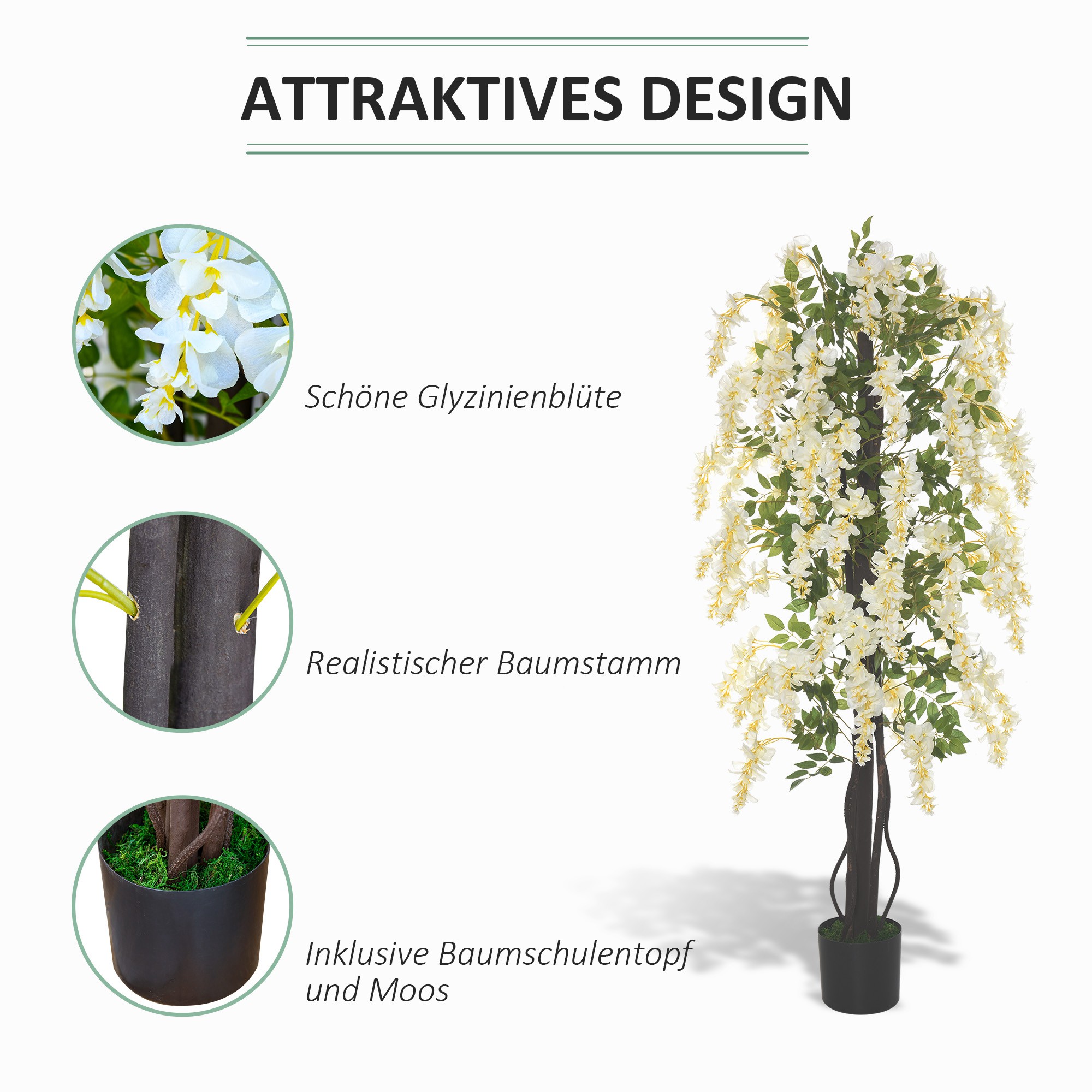 Künstliche Glyzinien groß 165cm Kunstpflanze, Plastik Künstliche Pflanzen Kunstblumen im Topf, Fake Plant wie echt für Büro Wohnzimmer Schlafzimmer Moderne Dekoration Geschenk