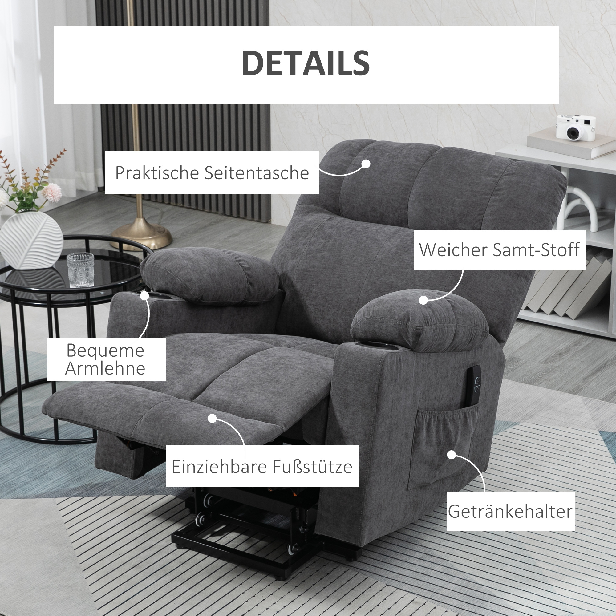 Aufstehhilfe Seniorensessel, Liegefunktion, inkl. Fernbedienung, 144 cm x 91 cm x 88 cm, Dunkelgrau