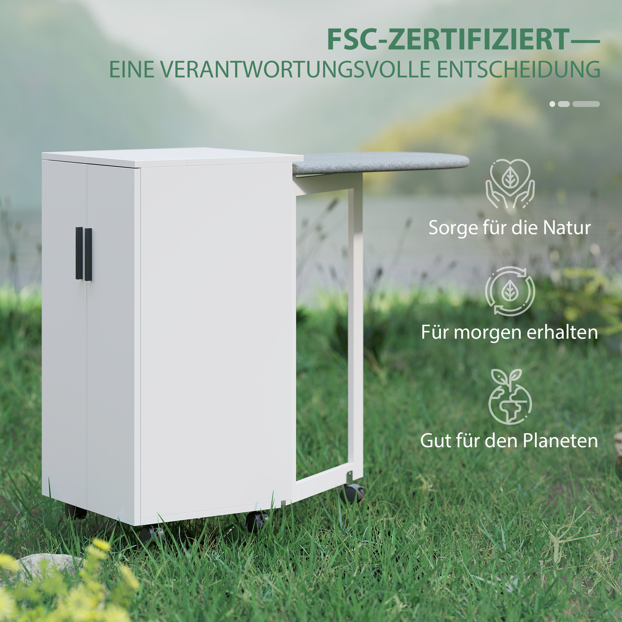 2-in-1 faltbarer Bügelbrettschrank auf Rollen mit Bügelbrett und verstellbarem Regal für kleine Räume, Weiß