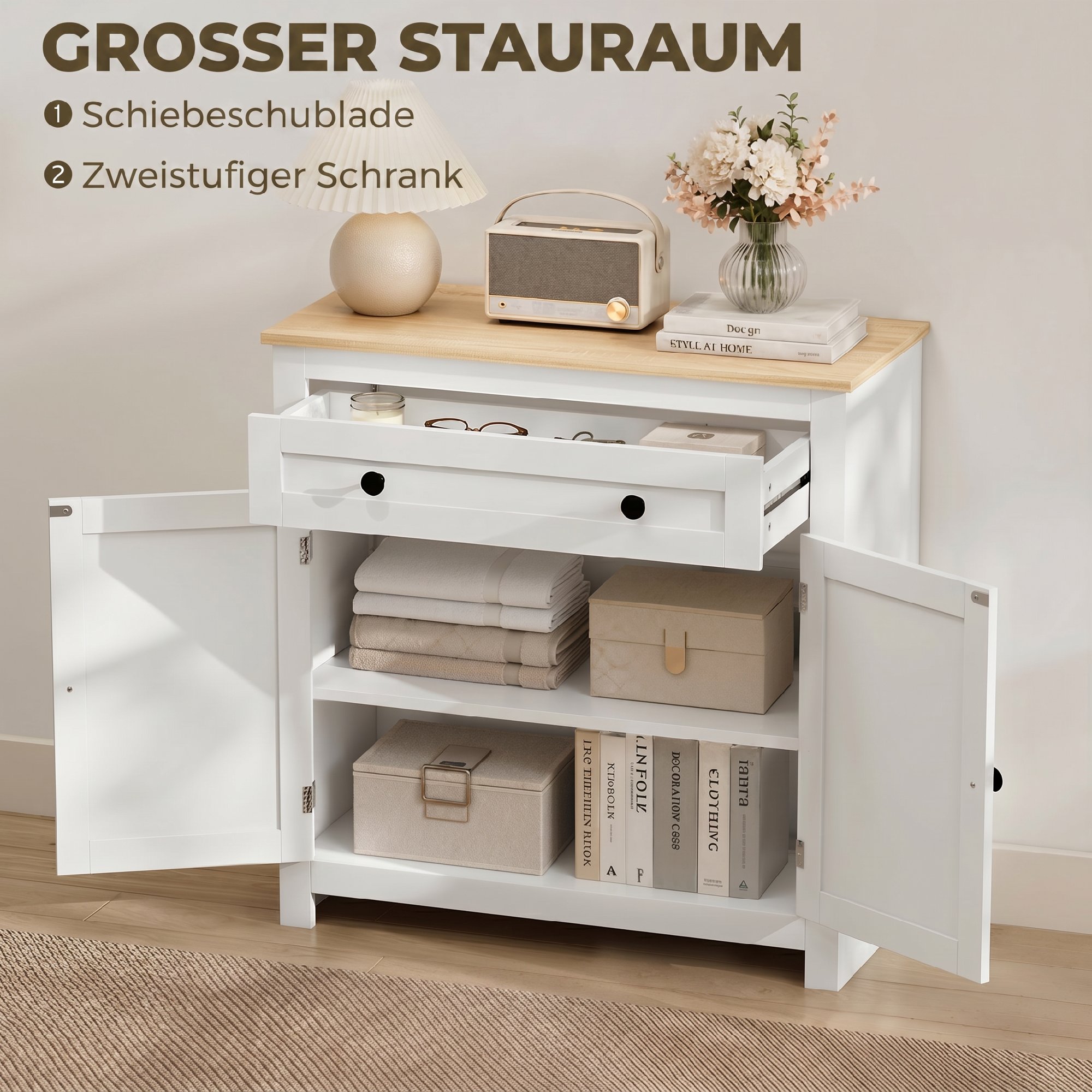 Sideboard Küchenschrank mit Schublade, Doppeltür, Verstellbarer Einlegeboden, für Wohnzimmer, 78,5 x 35 x 80 cm Weiß