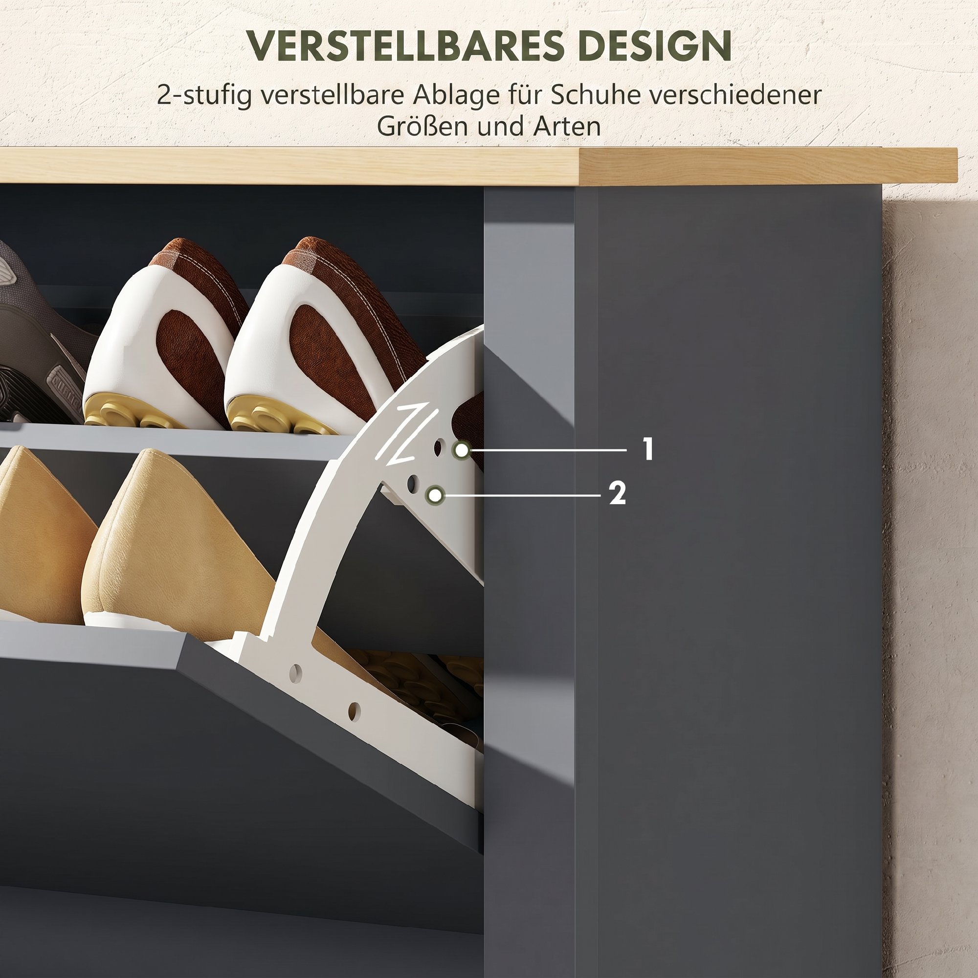 Schuhschrank mit 2 Klappfächern, verstellbar Trennwand für 8-12 Paar Schuhe, 72 x 26 x 80 cm, Dunkelgrau