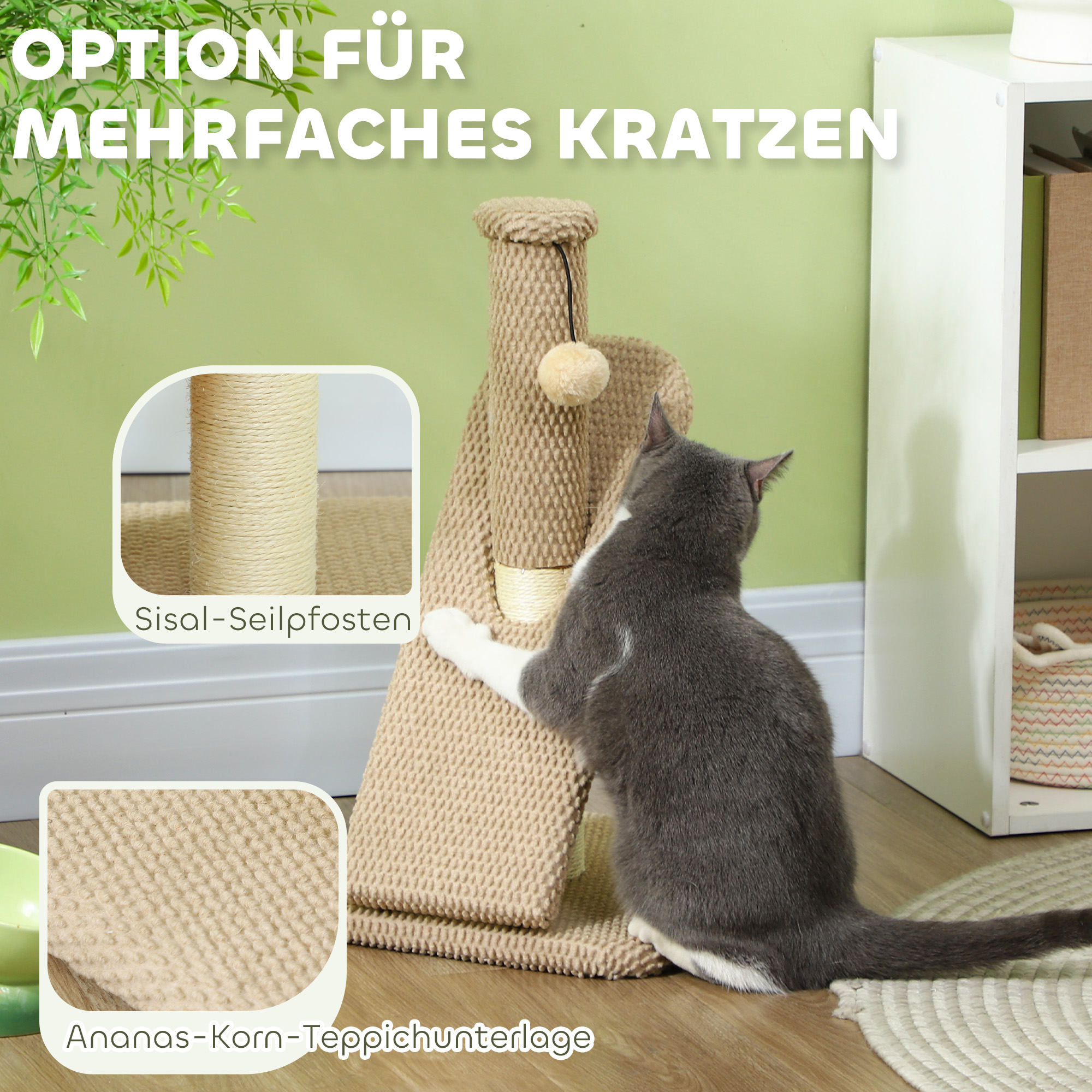 Kratzbaum mit Kratzbrett, Spielball, Noppenstruktur/Sisal, 54 cm, Hellbraun