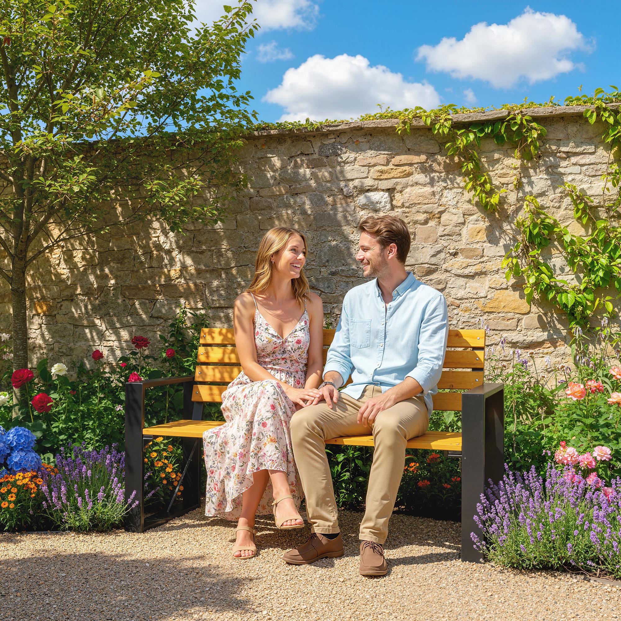 Gartenbank 2-Sitzer Wetterfest Holzbank mit Lamelldesign Armlehnen, Holz Sitzbank bis 240 kg Naturholz