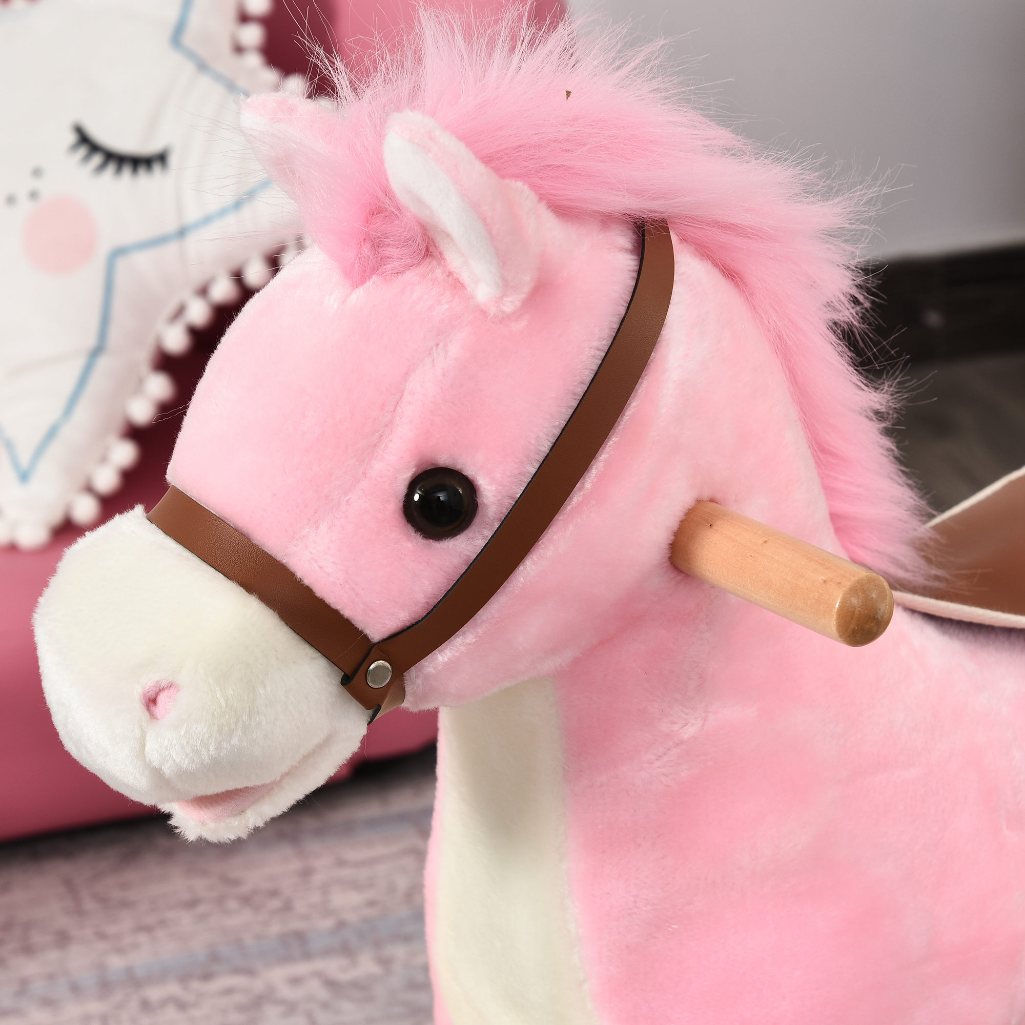 Kinder Schaukelpferd Baby Schaukeltier Pferd mit Tiergeräusche Spielzeug Haltegriffe für 36-72 Monate Plüsch Rosa 65 x 32,5 x 61 cm