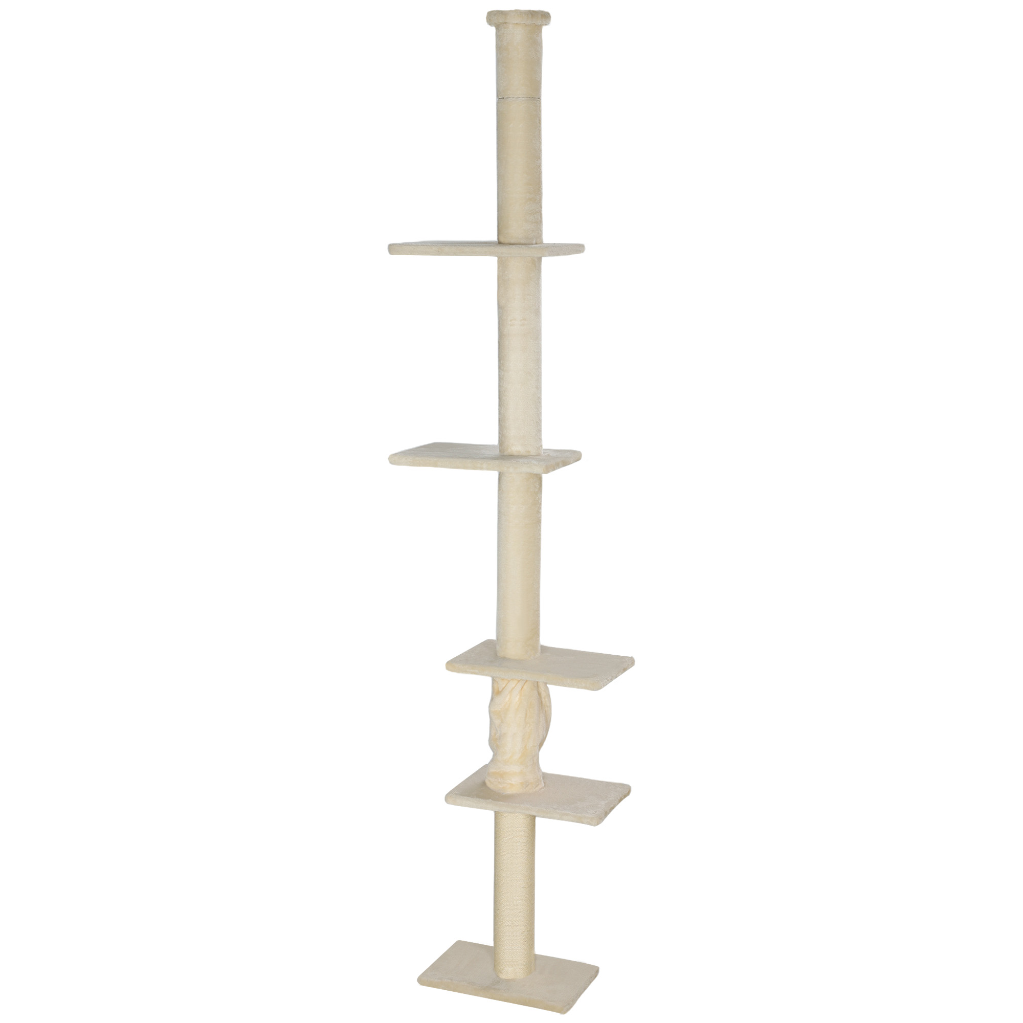 Kratzbaum, verstellbare Höhe 225-275 cm, stabile Basis, Kippschutz, Plüschbezug, Cremeweiß