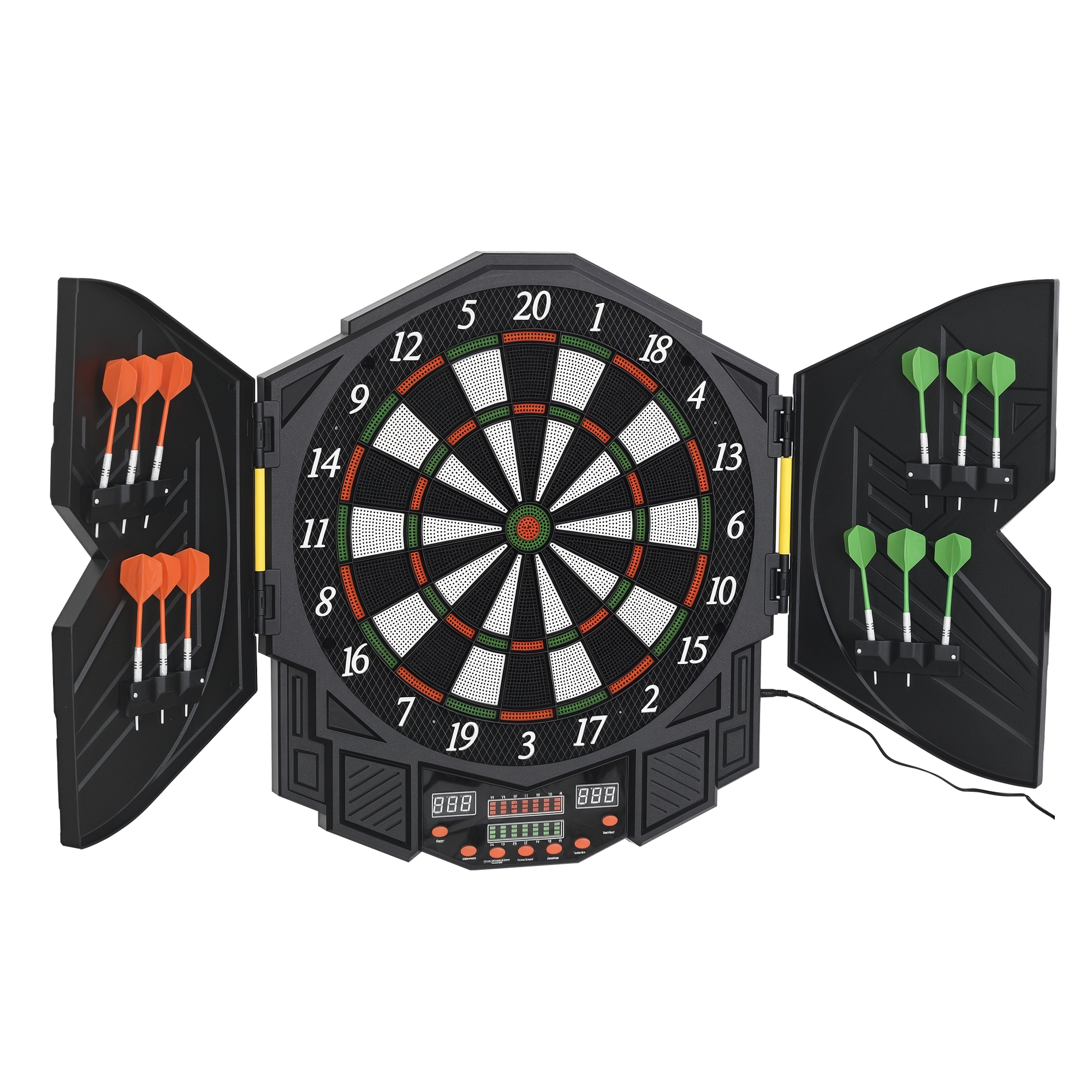 SPORTNOW Elektronische Dartscheibe Dartboard mit Sprachansagen Englische Stimme LED-Anzeigen 12 Darts 27 Spiele 216 Varianten Dartautomat mit Türen Dartscheibe Set für bis zu 8 Spieler