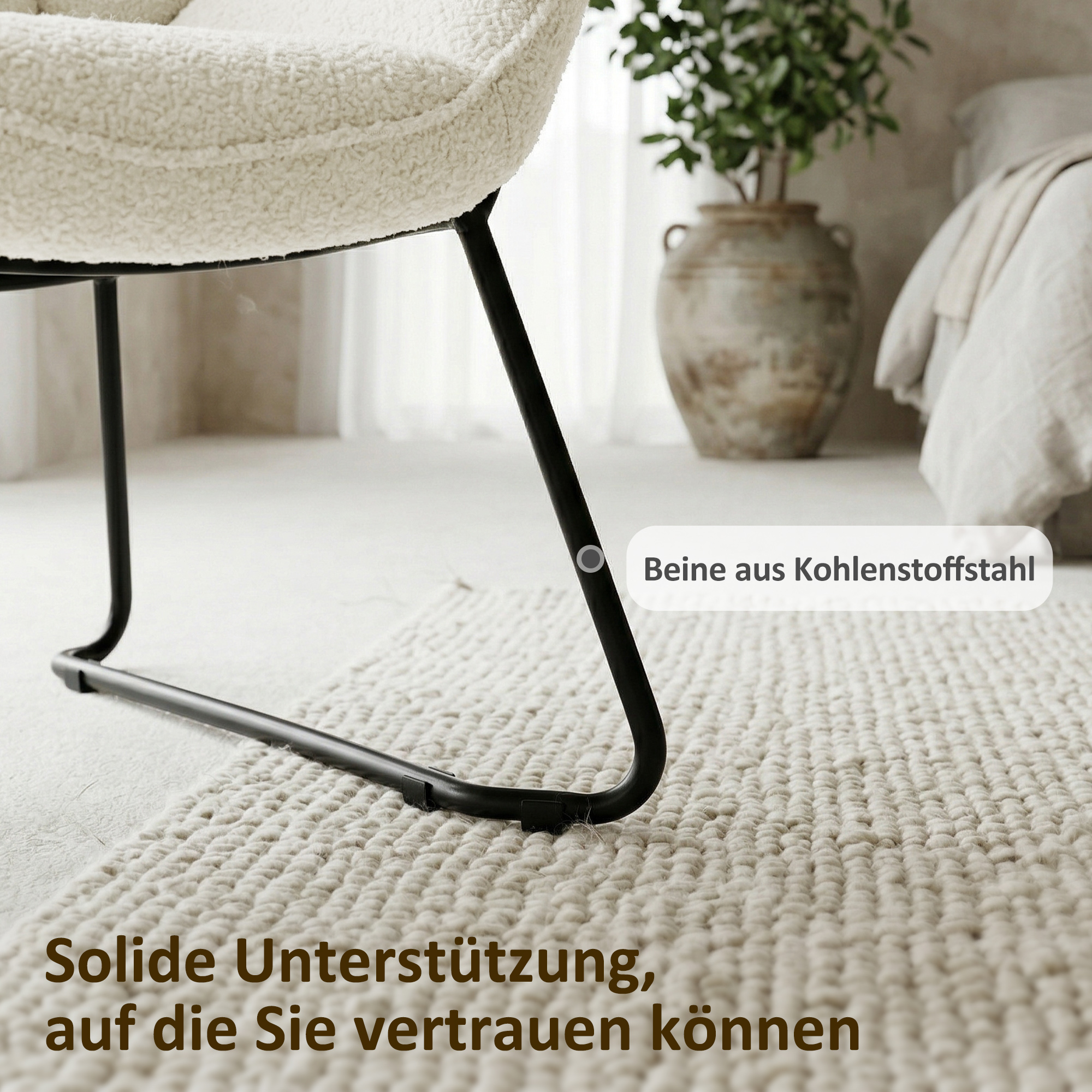 moderner Akzentstuhl, Sherpa-Fleece gepolsterter Sessel mit breiter Rückenlehne und Stahlbeinen, einfache Montage, Weiß