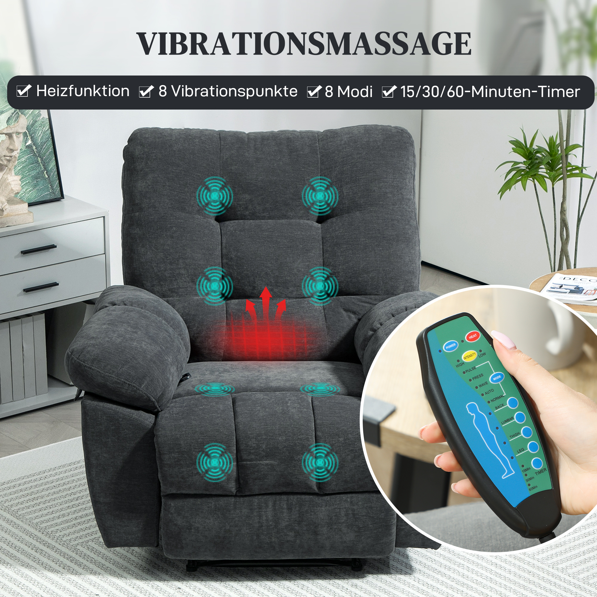 Recliner-Sessel, Massage-Polstersessel mit 8 Vibrationspunkten, verstellbare Fußstütze, Seitentasche, Lehnsessel, Grau