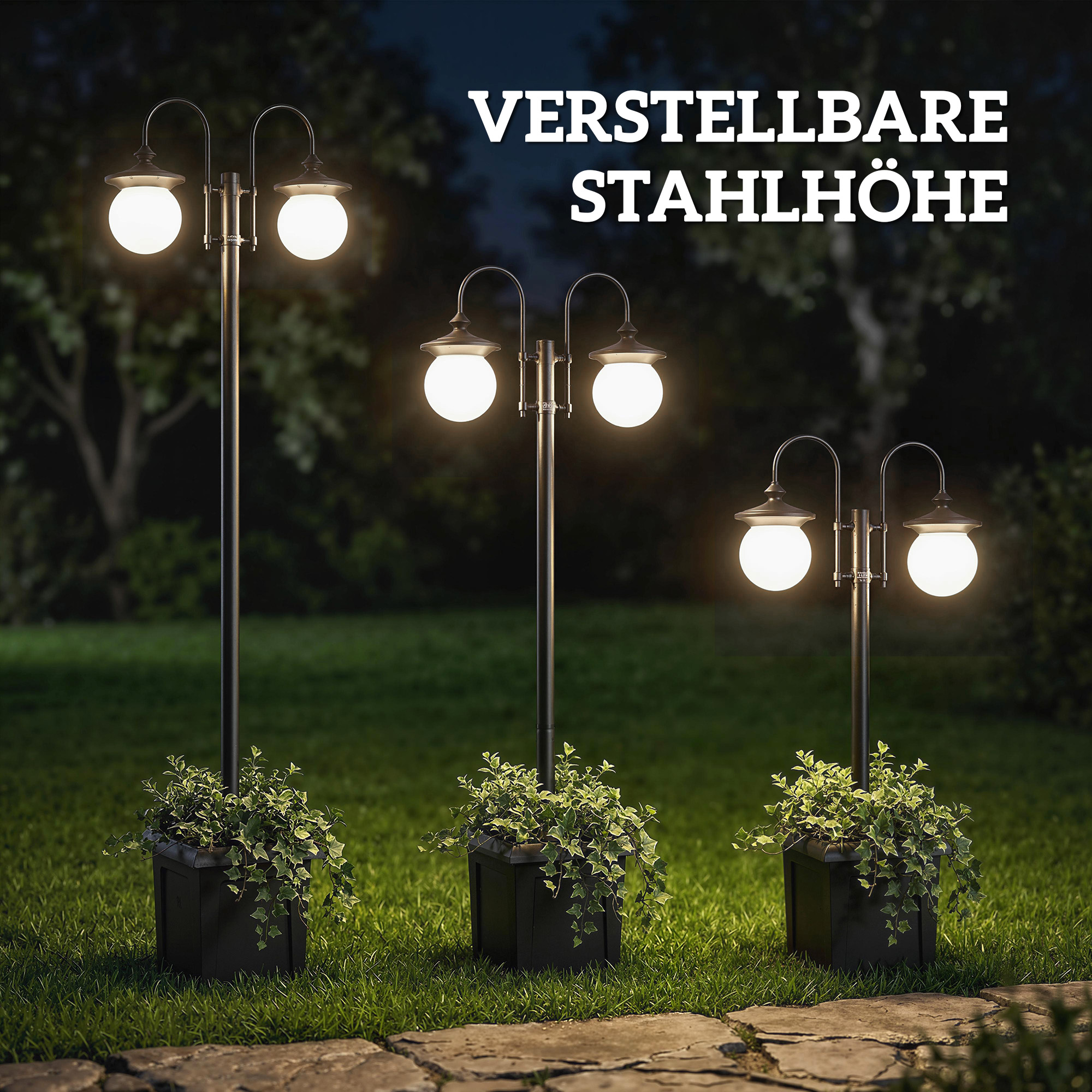 Solar Laterne Stehleuchte 182 cm Höhenverstellbar Außen Gartenlaterne mit 2 Köpfen Pflanzgefäß Lichtsensor Schalter IP44