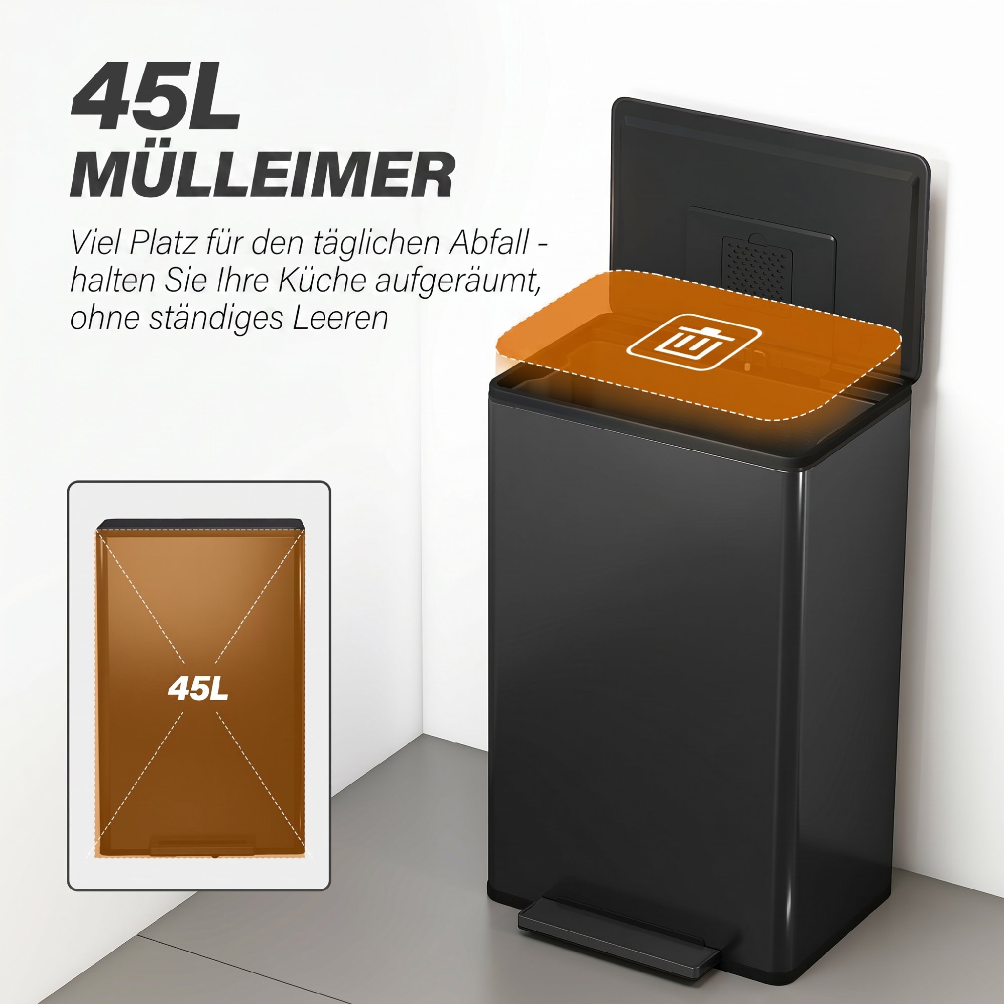 Mülleimer Küche 45 Liter Treteimer Küchenmülleimer mit Soft-Close-Deckel, Herausnehmbarem Innenbehälter