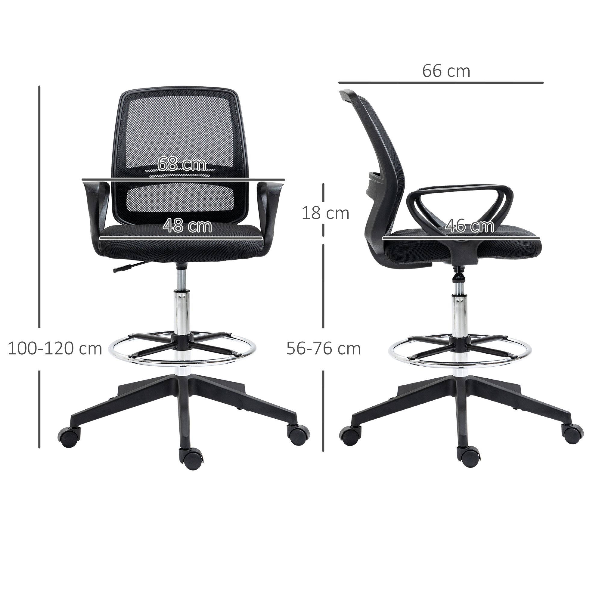 Bürostuhl Ergonomischer Schreibtischstuhl mit Armlehnen und Verstellbarer Fußring, Höhenverstellbarer Drehstuhl mit Netzbespannung Schwarz