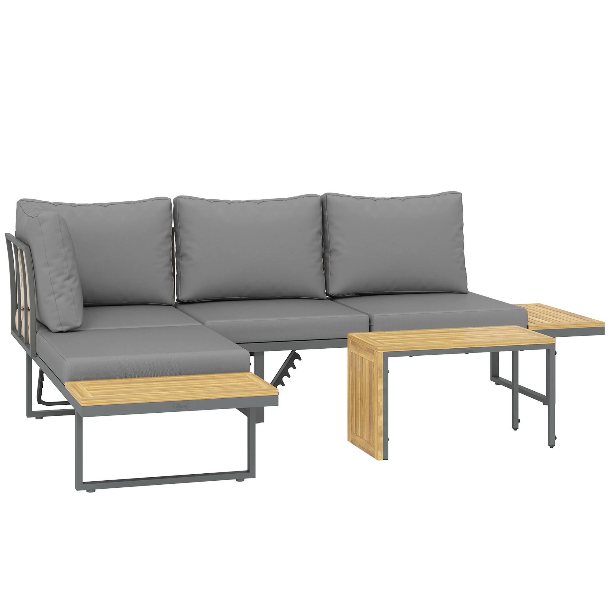Außenmöbel-Set, auf 6 Sitze erweiterbar, L-förmige Outdoor-Sitzecke mit Tischen, Stahlrahmen, verstellbare Lehnen, Grau Außenmöbel-Set, auf 6 Sitze erweiterbar, L-förmige Outdoor-Sitzecke mit Tischen, Stahlrahmen, verstellbare Lehnen, Grau