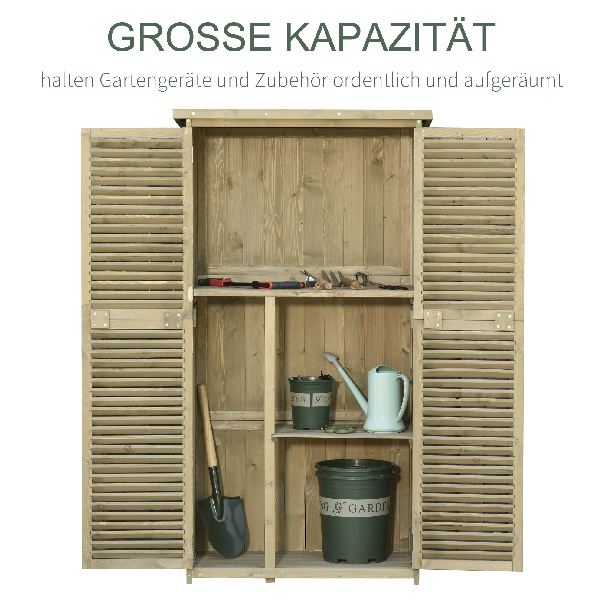 Gartenschrank Holz Geräteschuppen Gerätehaus mit Asphaltdach Lamellentür Geräteschrank Schuppen Garten 4 Fächer Grau 87 x 46,5 x 160 cm