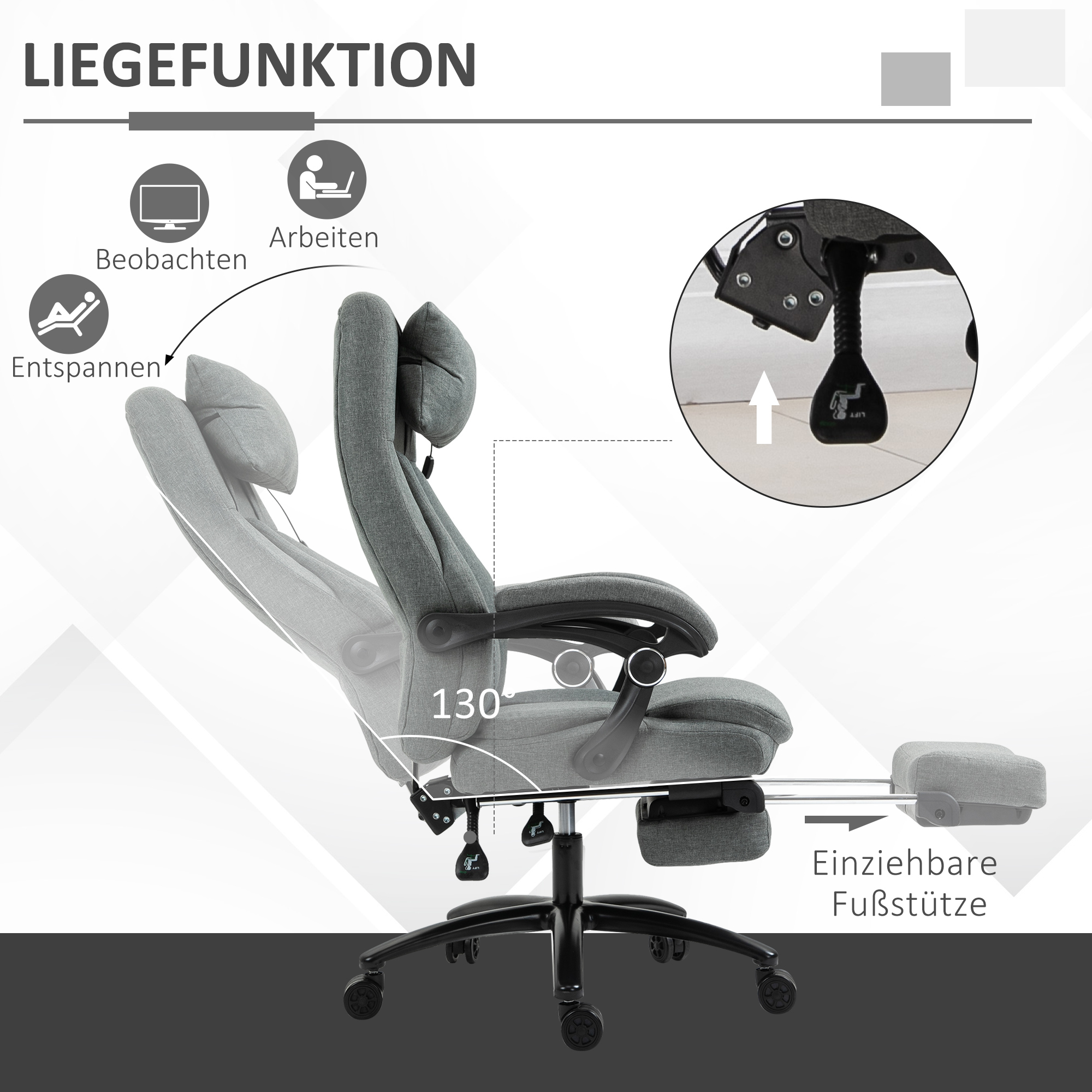 Bürostuhl massage, höhenverstellbarer Chefsessel, Gamingstuhl mit Fußstütze Massagefunktion, ergonomischer Drehstuhl, Massage Sessel, Leinen-Gefühl, Grau, 64 x 74 x 109-117 cm