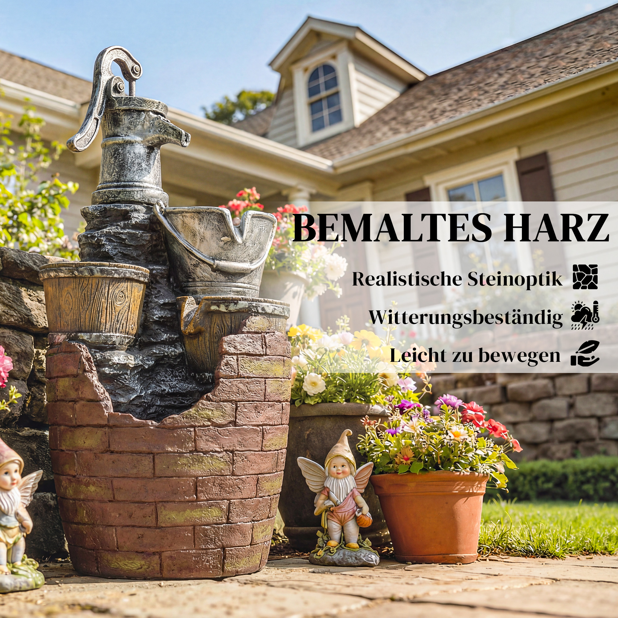 Springbrunnen 4-stufig rustikal Gartenbrunnen mit LED Beleuchtung Pflanzkübel Pumpe, Verstellbar 34 x 31 x 76 cm