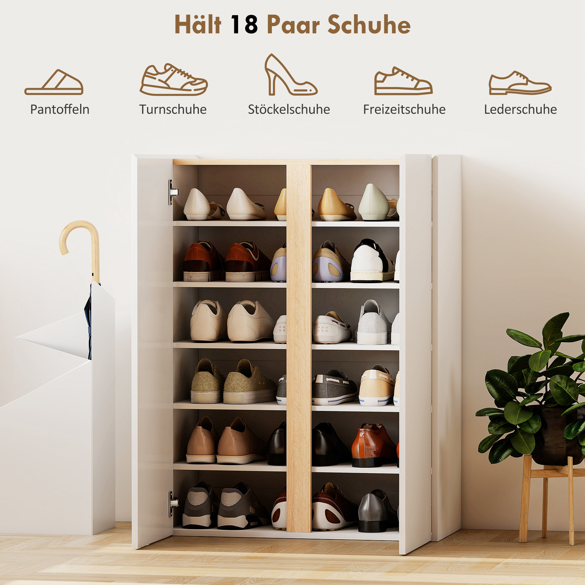 Schuhschrank mit Soft-Close-Funktion, 6-stufiges Design ohne Griffe, fasst bis zu 18 Paare, für Flur, Eingangsbereich, Holz, Weiß
