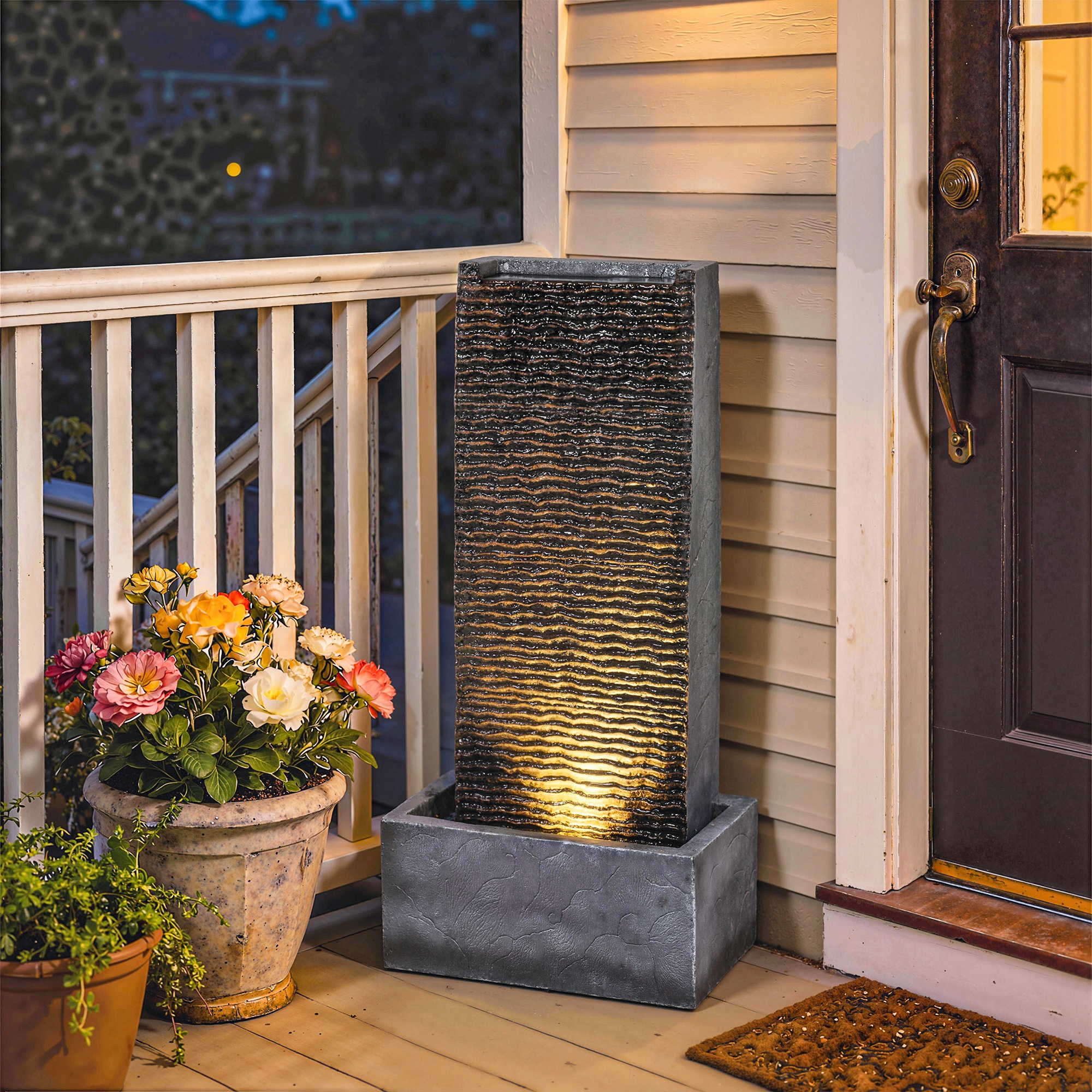 Springbrunnen 2-stufig Gartenbrunnen mit LED Beleuchtung Pumpe Granitoptik 37,5 x 22 x 80 cm