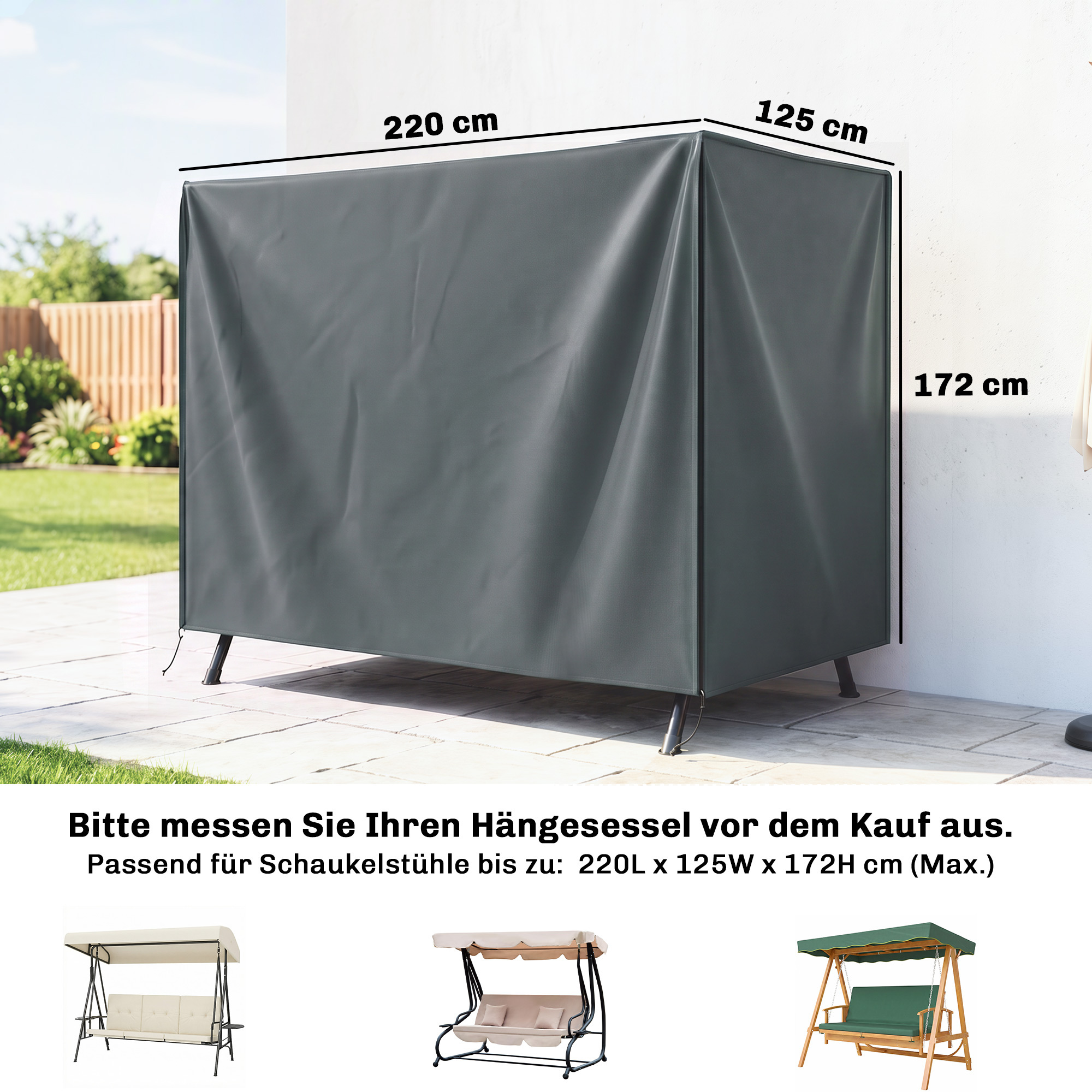 Hollywoodschaukel Abdeckung 3 Sitzer Wasserdicht Schutzhülle für Gartenschaukel Oxford Gewebe 220 x 125 x 172 cm, Grau