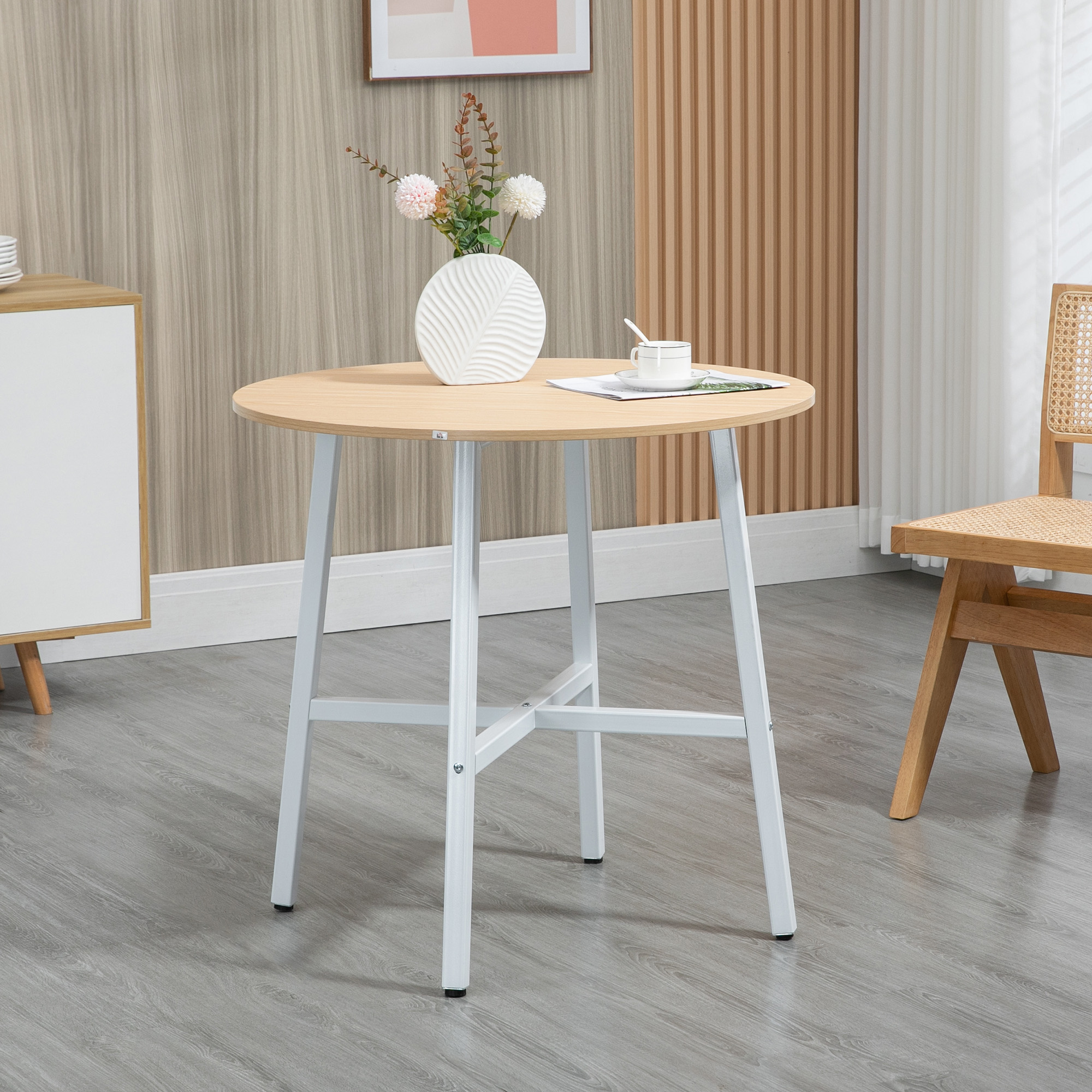 Esstisch, industrieller Stil, abgerundetes Design, stabil bis 60 kg, Ø80 x 76H cm, Naturholz/Weiß