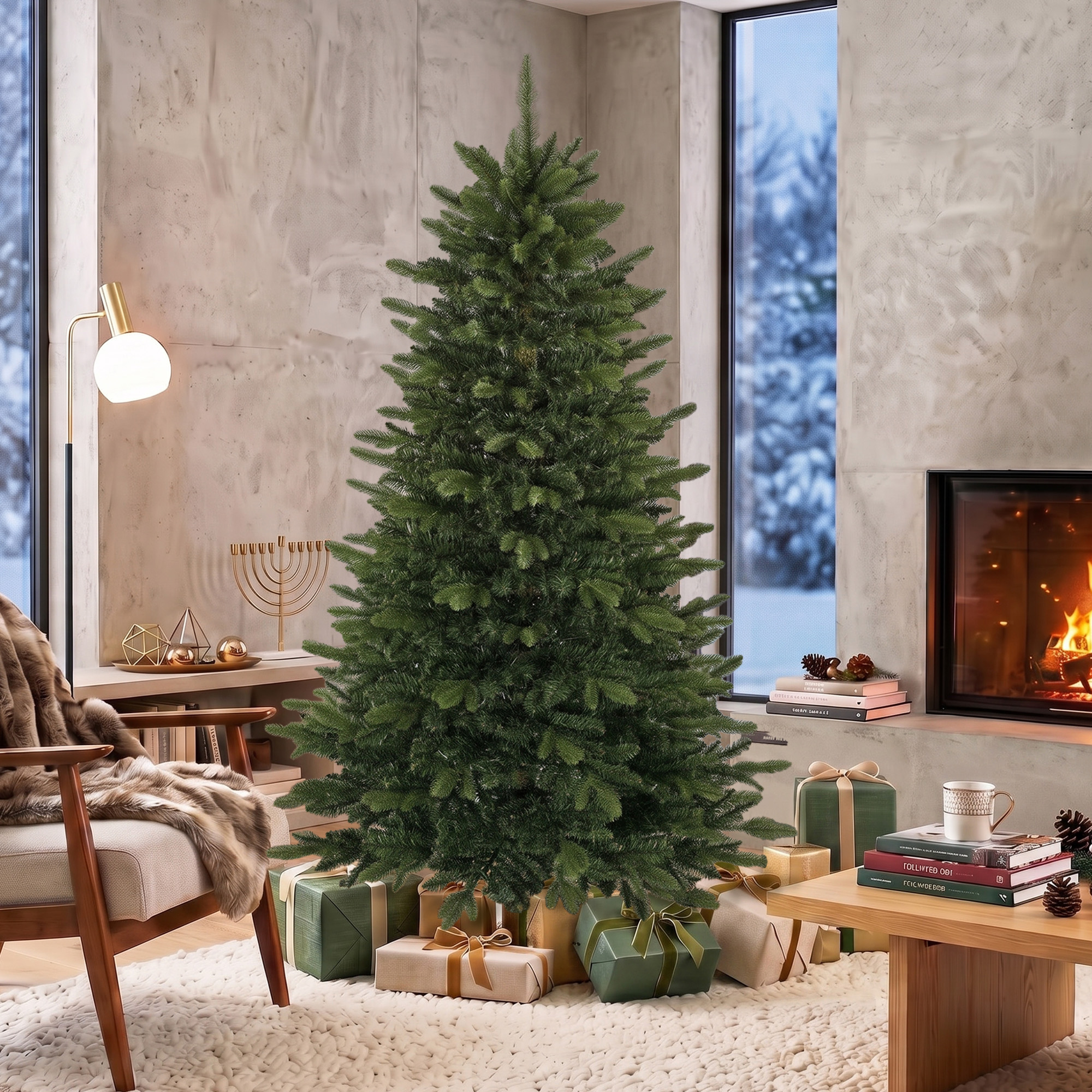 künstlicher Weihnachtsbaum 180 cm, Fraser-Tanne mit Holzständer, 988 realistische Zweigspitzen für Zuhause und Büro, Grün