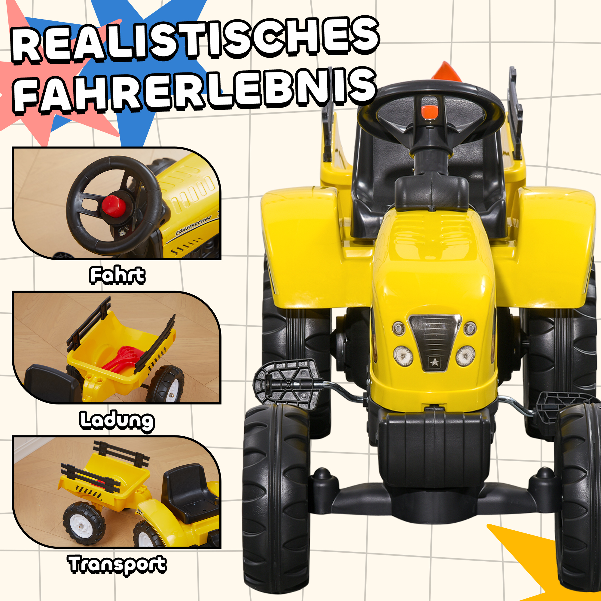 Trettraktor mit Anhänger, Werkzeug, Hupe, für Kinder ab 3 J., Metallrahmen, schwarz-gelb, 133 x 42 x 51 cm