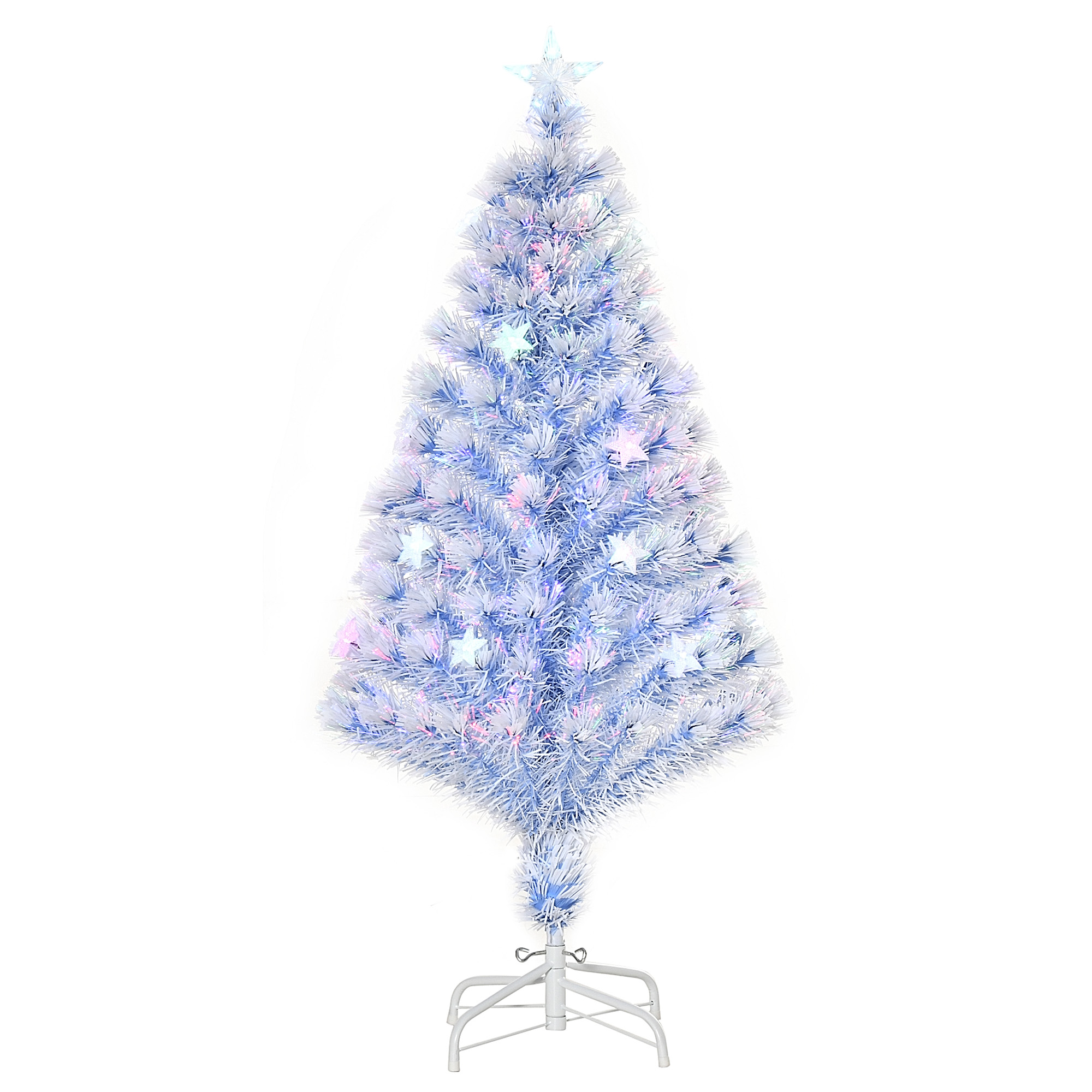Künstlicher Weihnachtsbaum 120 cm Christbaum künstlich mit Glasfaser und LED-Beleuchtung, 130 Spitzen Tannenbaum inkl. Stahlständer für Drinnen Weiß+Blau