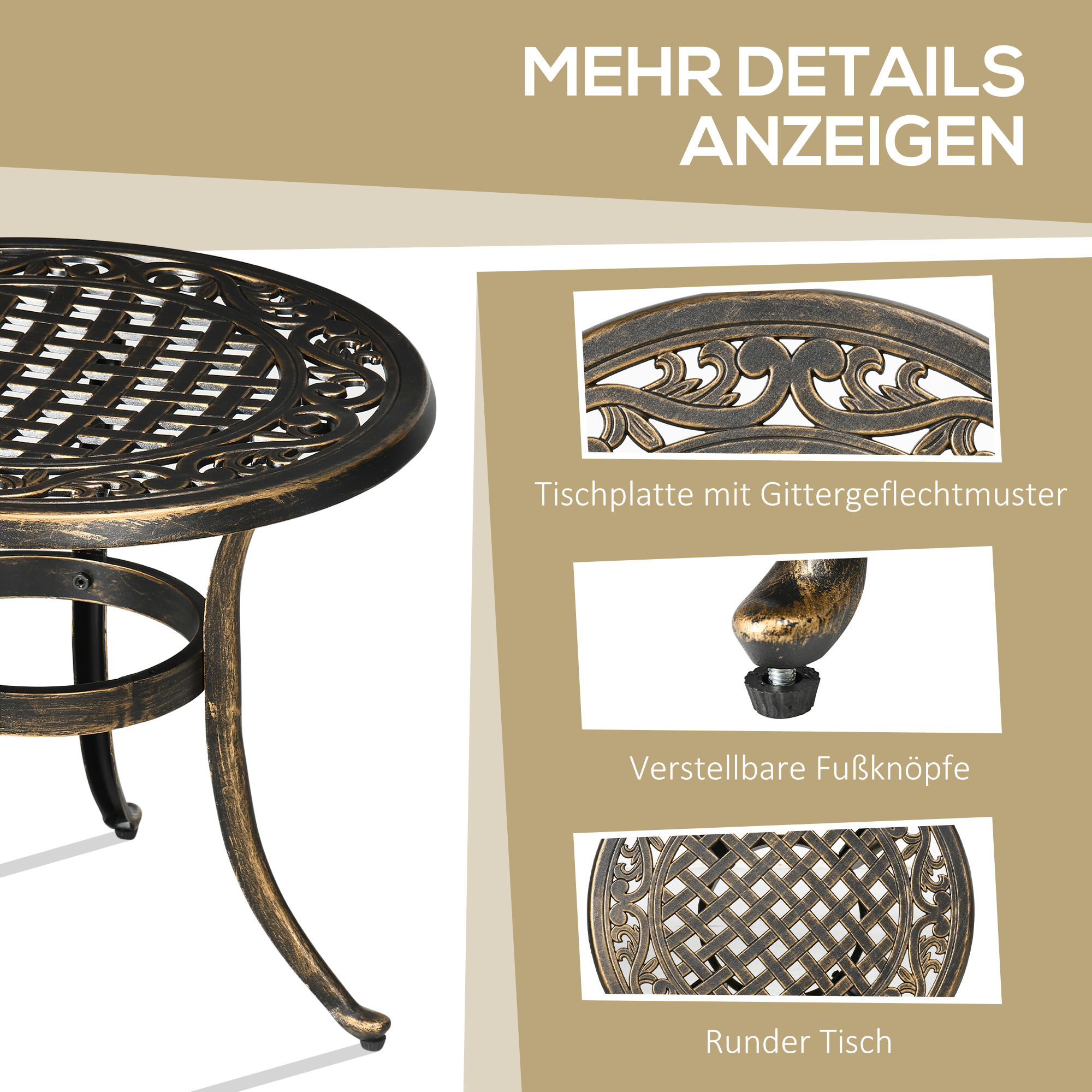 Beistelltisch Garten wetterfester Gartentisch mit Gussaluminiumrahmen, rund 60kg belastbar Ø60x52,5H cm