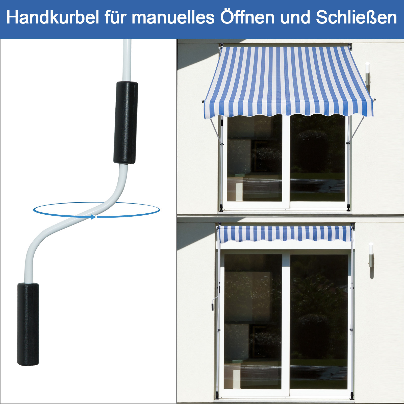 Klemmmarkise mit Handkurbel höhenverstellbar Gelenkarmmarkise schmutzabweisend, witterungsbeständig Balkonmarkise 150cm breit Terrassenmarkise für Terrasse Balkon Veranda Blau+Weiß