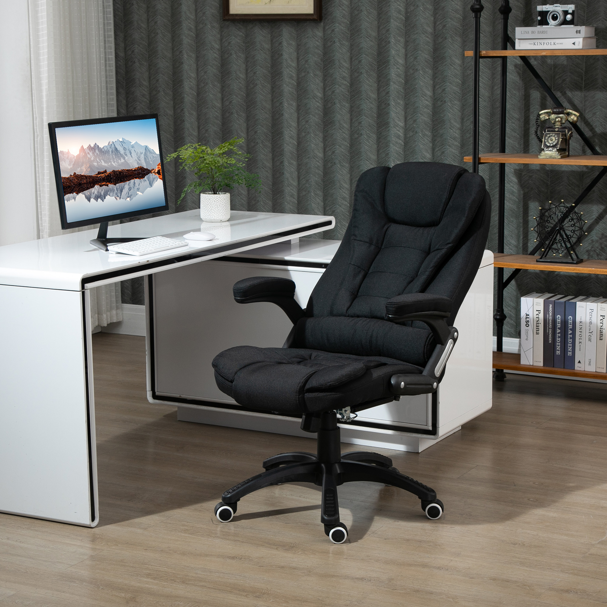 Bürostuhl Computerstuhl entspanntes Hinlegen höhenverstellbarer Schreibtischstuhl  ergonomisch 360° Schaumstoff Kunststoff-Kunststoff leinenartiges Polyester Schwarz 65 x 72 x 100-120 cm