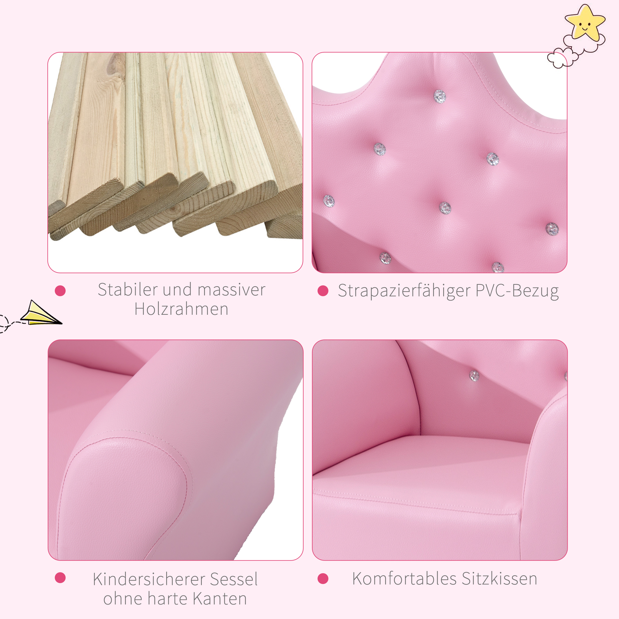 Kindersofa mit Ottomane, Kindercouch Prinzessinnen Kindercouch Mini Couch für Kuschelecke, Kinderzimmer, Spielzimmer, Schlafzimmer, Rosa