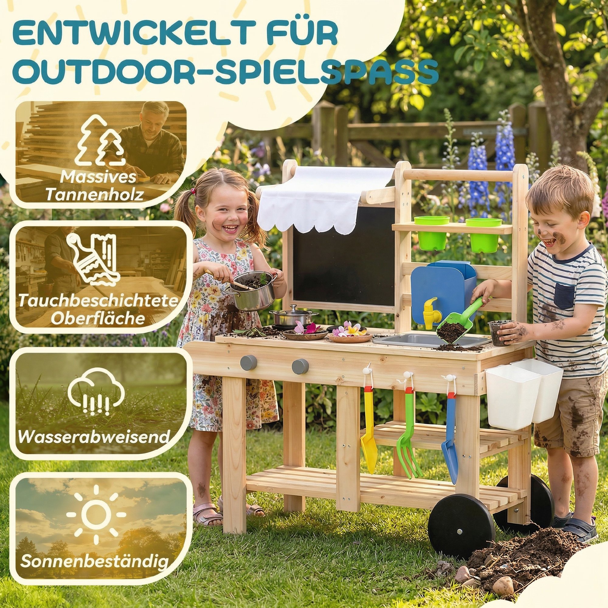 Matschküche Kinder Outdoor, Spielküche aus Holz mit echtem Wasserhahn, Spüle, Herd, Ablagefach, Wassertank, Naturholz